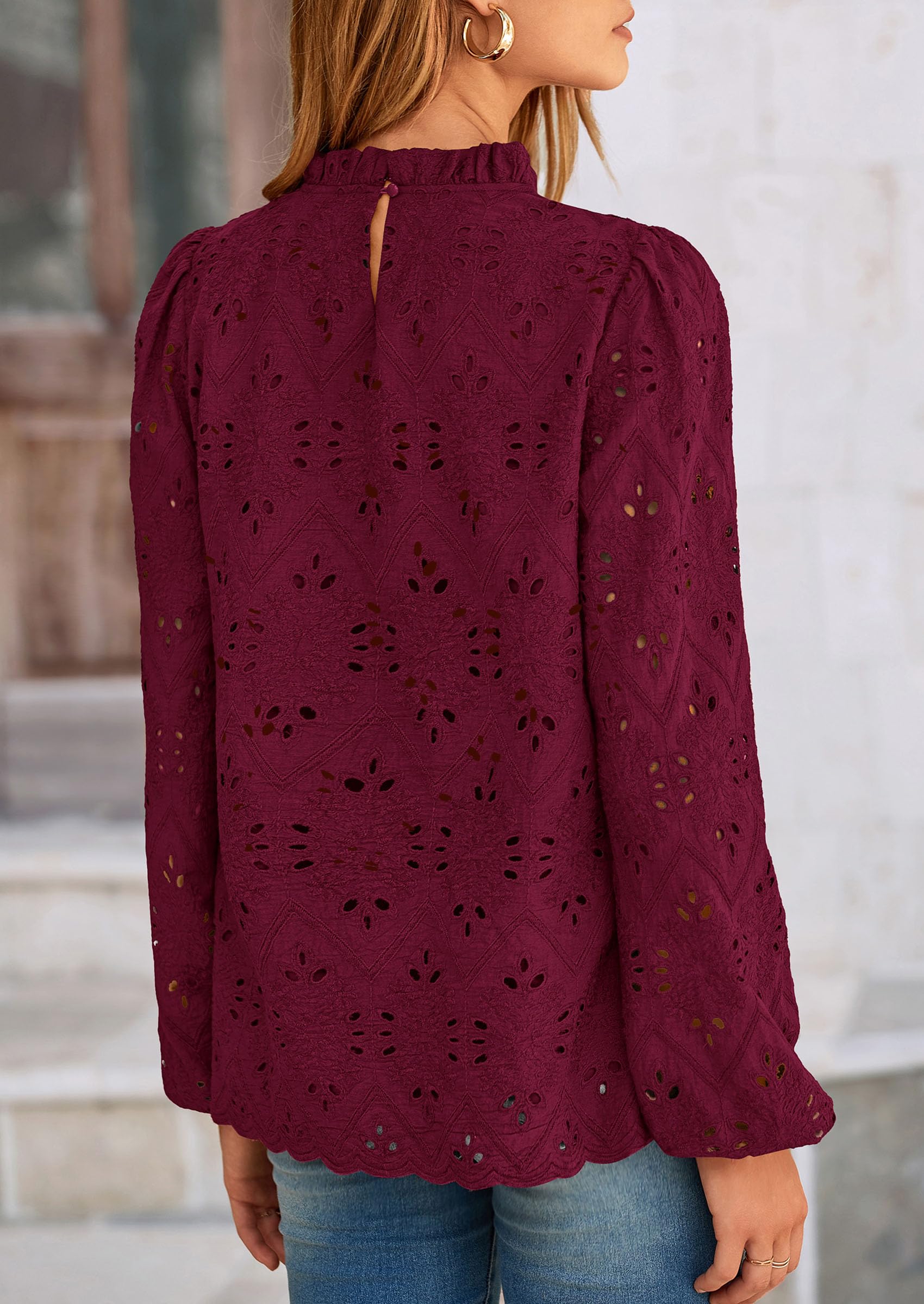 Womens Tops Dressy Casual Spring Long Sleeve Shirts Embroidered Eyelet Blouses Going Out Outfits