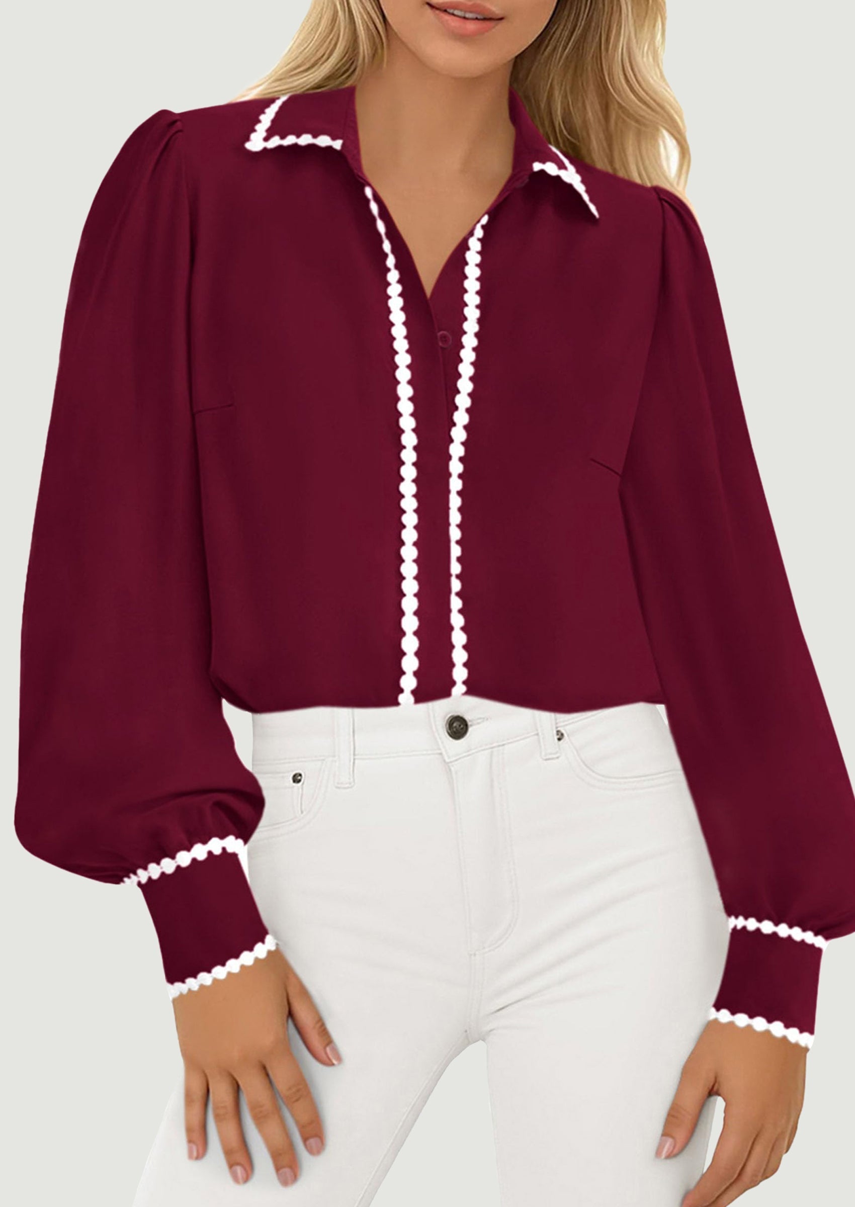 Womens Long Sleeve Button Down Shirts Trendy V Neck Loose Fit Fall Tops Collared Dressy Casual Blouses