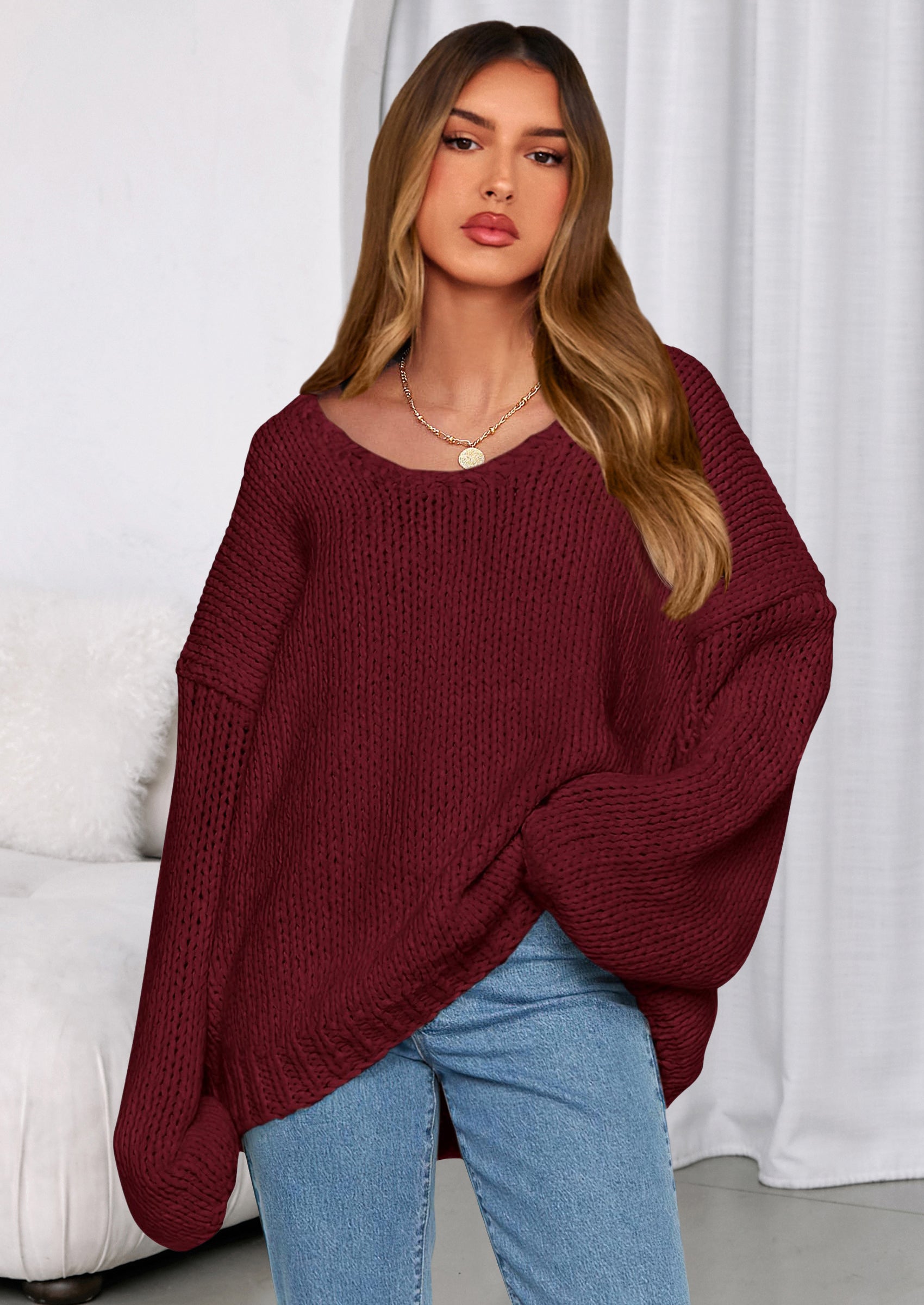 Women's Fall Oversized Sweaters Long Sleeve V Neck Dressy Casual Chunky Knit Loose Pullover Tops Winter Clothing