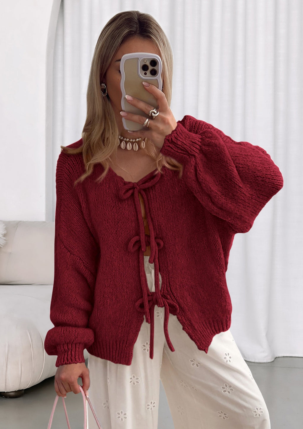 Women's Tie Front Bow Cardigan Sweaters Chunky Knit Long Puff Sleeve Trendy Fall Winter Jacket Coats