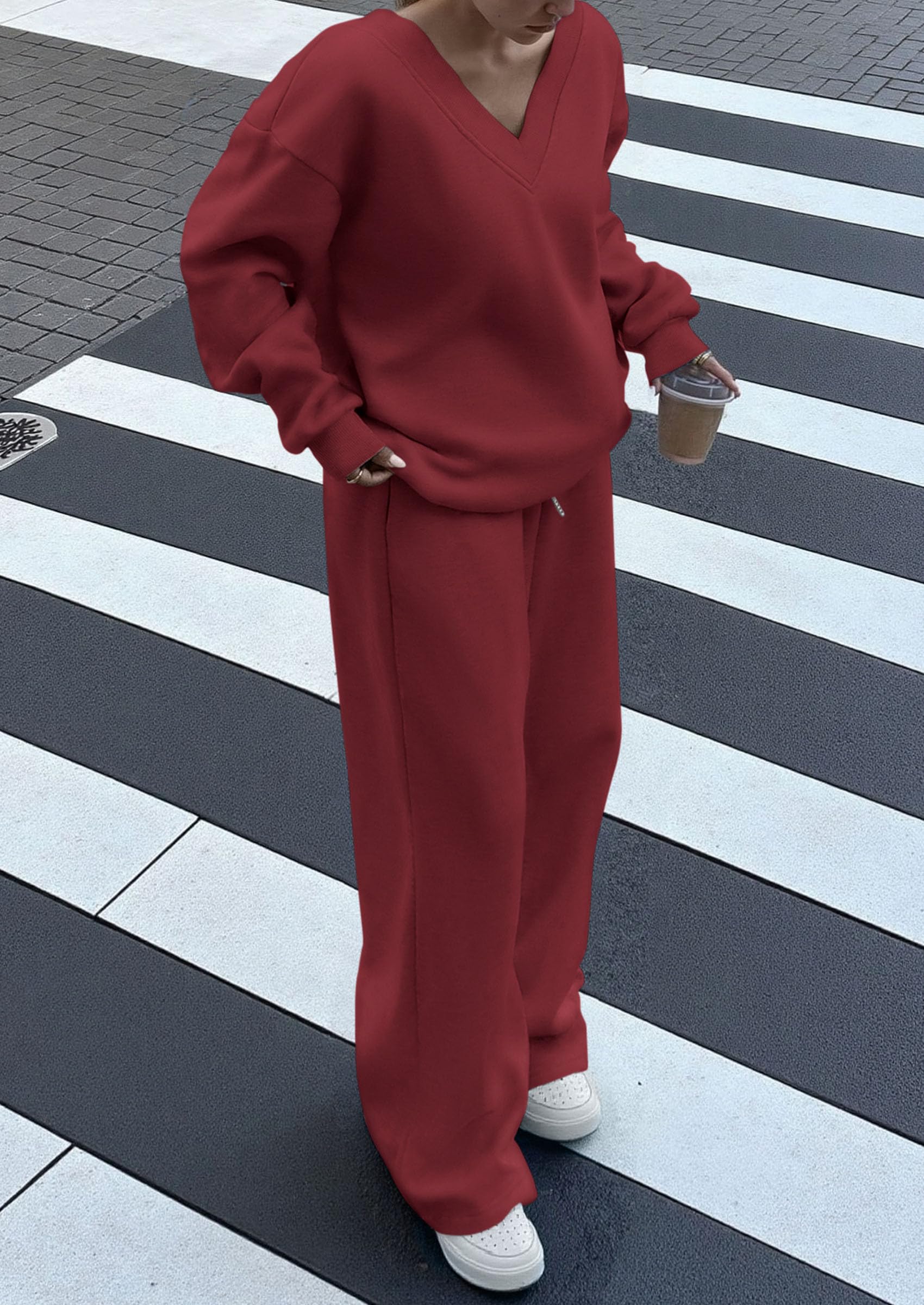 Casual Winter Two Piece Sets for Women V Neck Sweatshirt Loose Wide Leg Pants Tracksuit Knit Fall Outfits