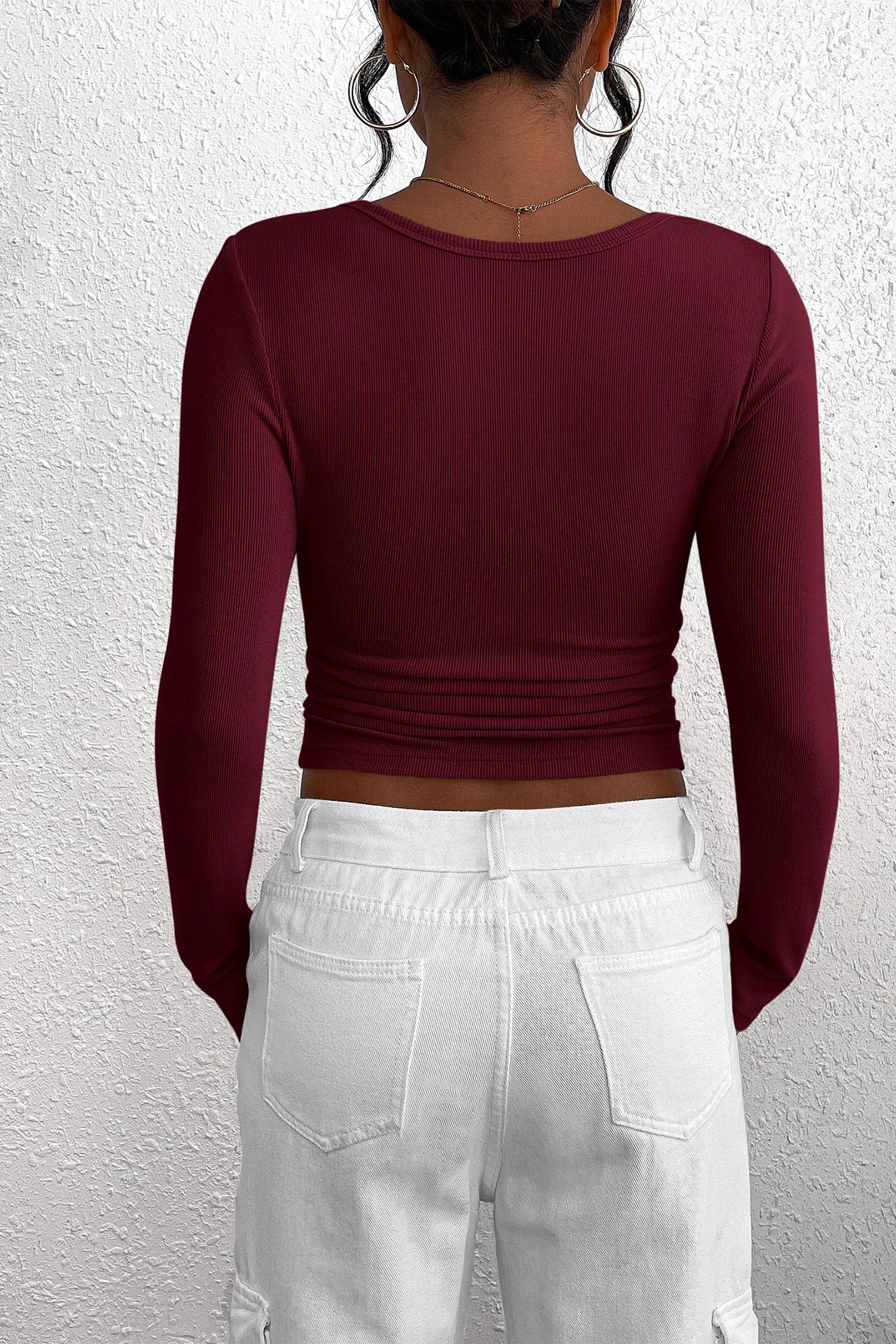 Women's Spring Fall Long Sleeve Henley T Shirts Button Ribbed Knit Slim Fit Casual Basic Tops Blouse