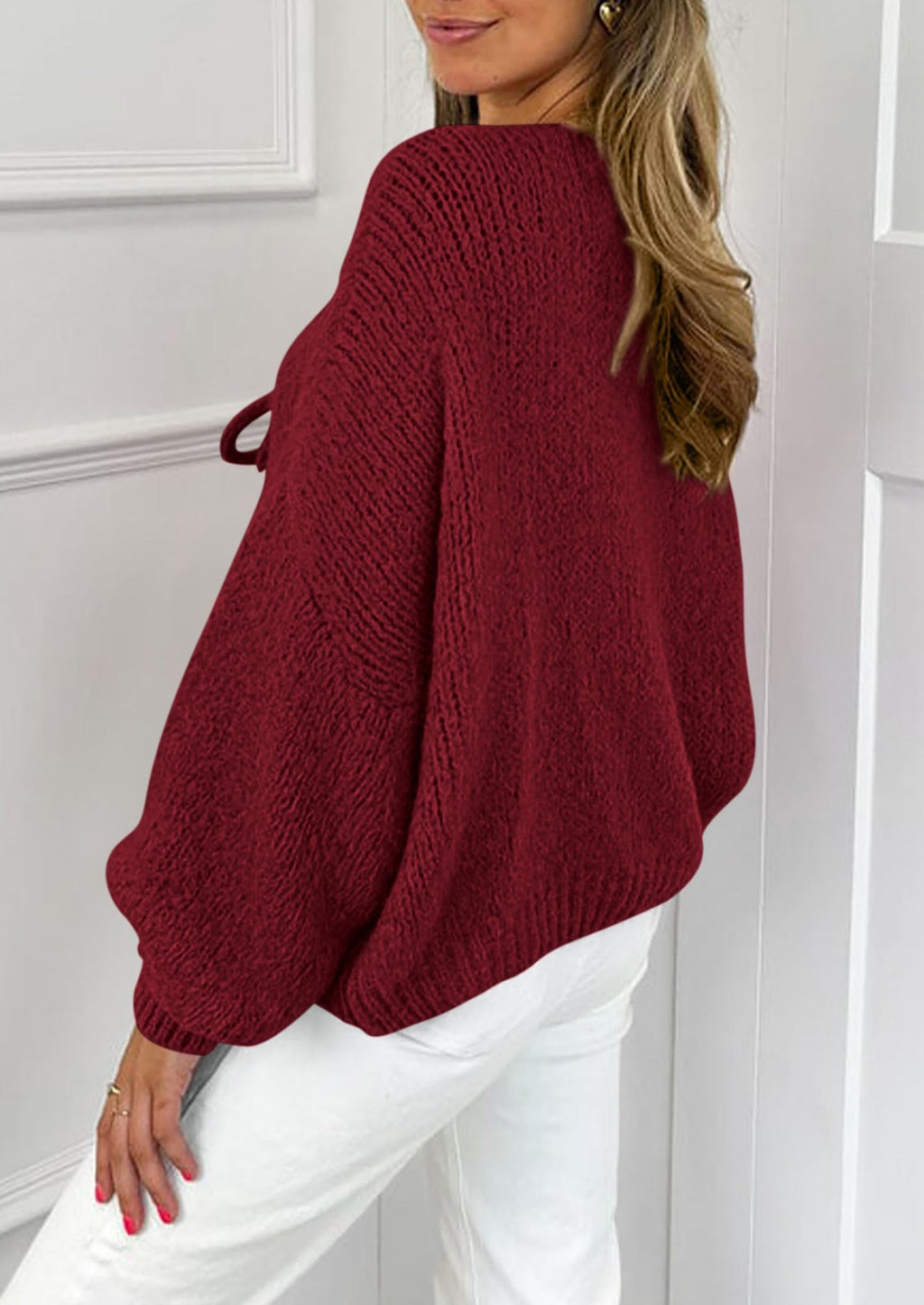 Women's Tie Front Bow Cardigan Sweaters Chunky Knit Long Puff Sleeve Trendy Fall Winter Jacket Coats