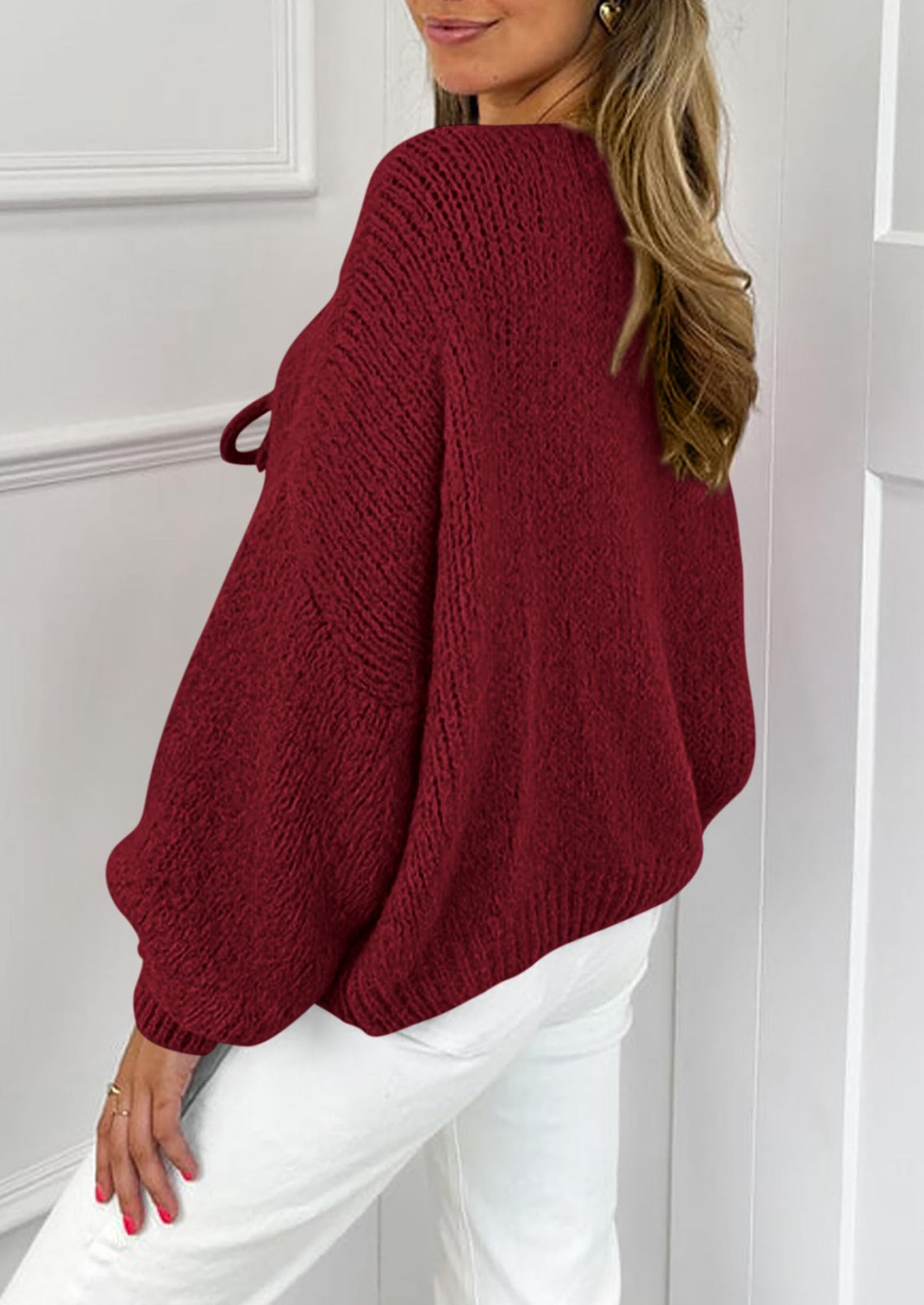 Women's Tie Front Bow Cardigan Sweaters Chunky Knit Long Puff Sleeve Trendy Fall Winter Jacket Coats