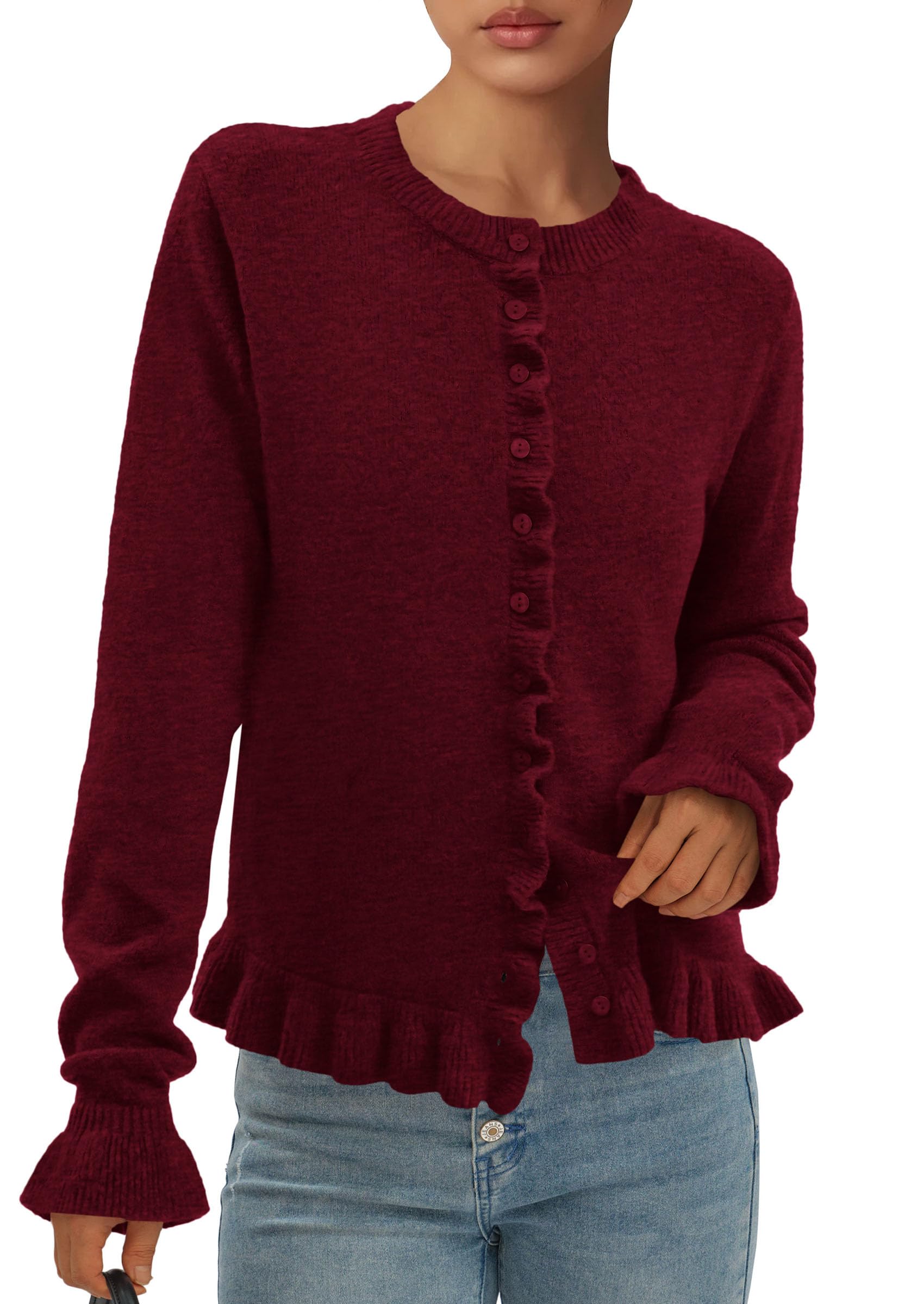 Womens Fall Button Down Cardigans Chunky Knit Ruffle Open Front Cropped Cardigan Sweaters Soft Long Sleeve Tops