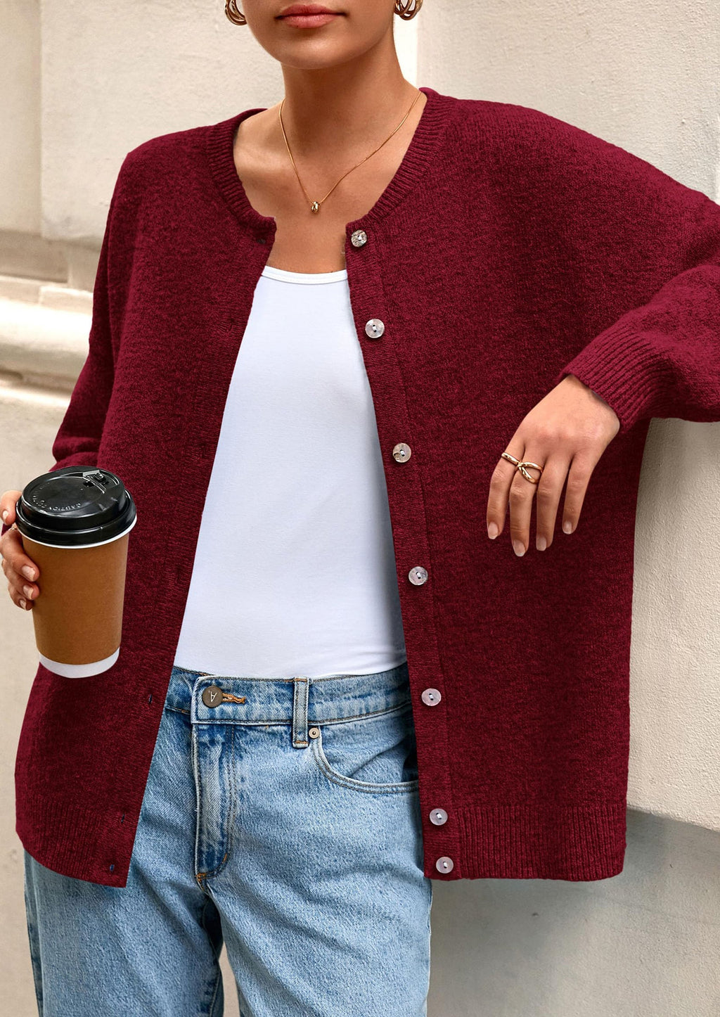 Fall Long Sleeve Cardigans for Women Trendy Open Front Winter Button Down Crewneck Soft Knit Sweater Jacket