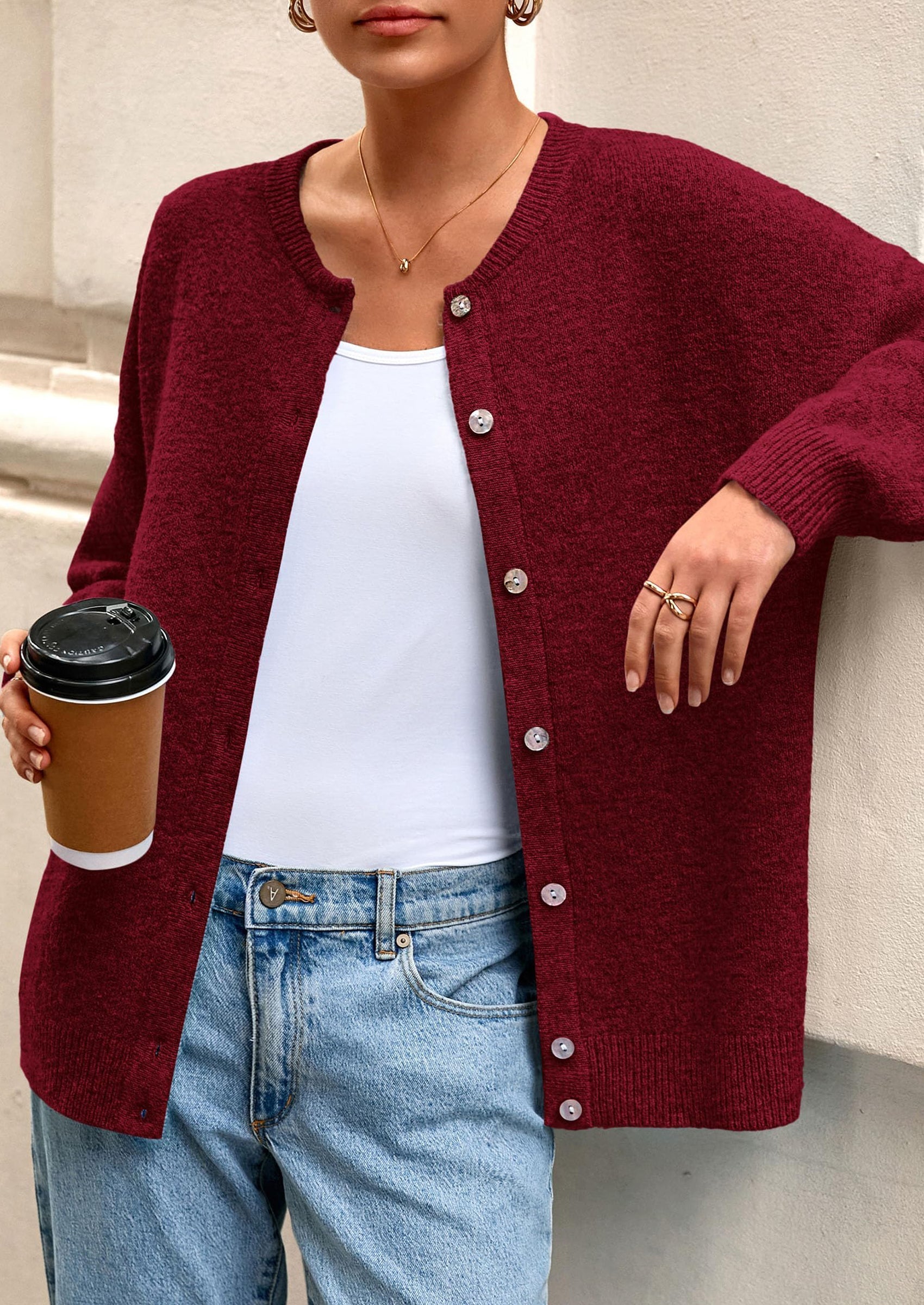 Fall Long Sleeve Cardigans for Women Trendy Open Front Winter Button Down Crewneck Soft Knit Sweater Jacket