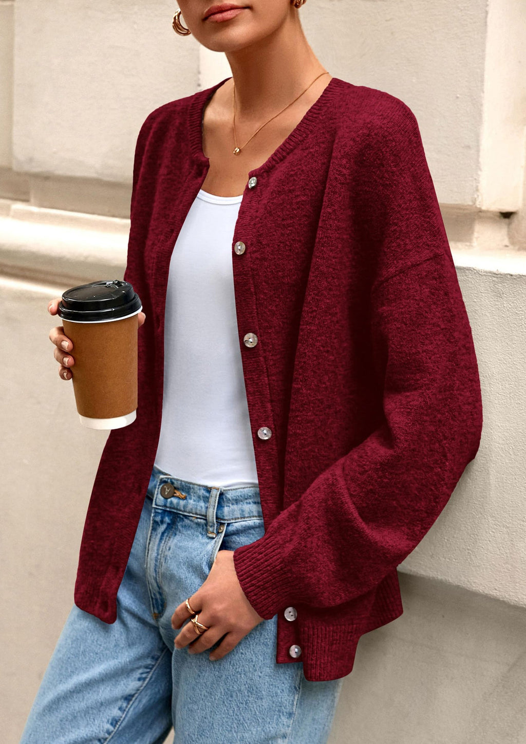 Fall Long Sleeve Cardigans for Women Trendy Open Front Winter Button Down Crewneck Soft Knit Sweater Jacket