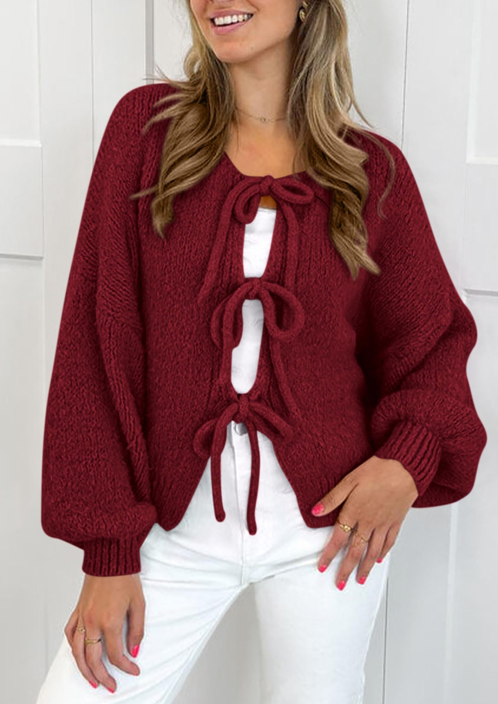 Women's Tie Front Bow Cardigan Sweaters Chunky Knit Long Puff Sleeve Trendy Fall Winter Jacket Coats