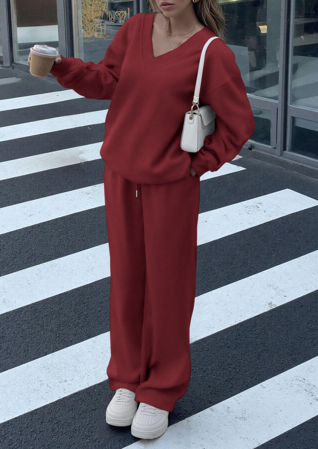 Casual Winter Two Piece Sets for Women V Neck Sweatshirt Loose Wide Leg Pants Tracksuit Knit Fall Outfits