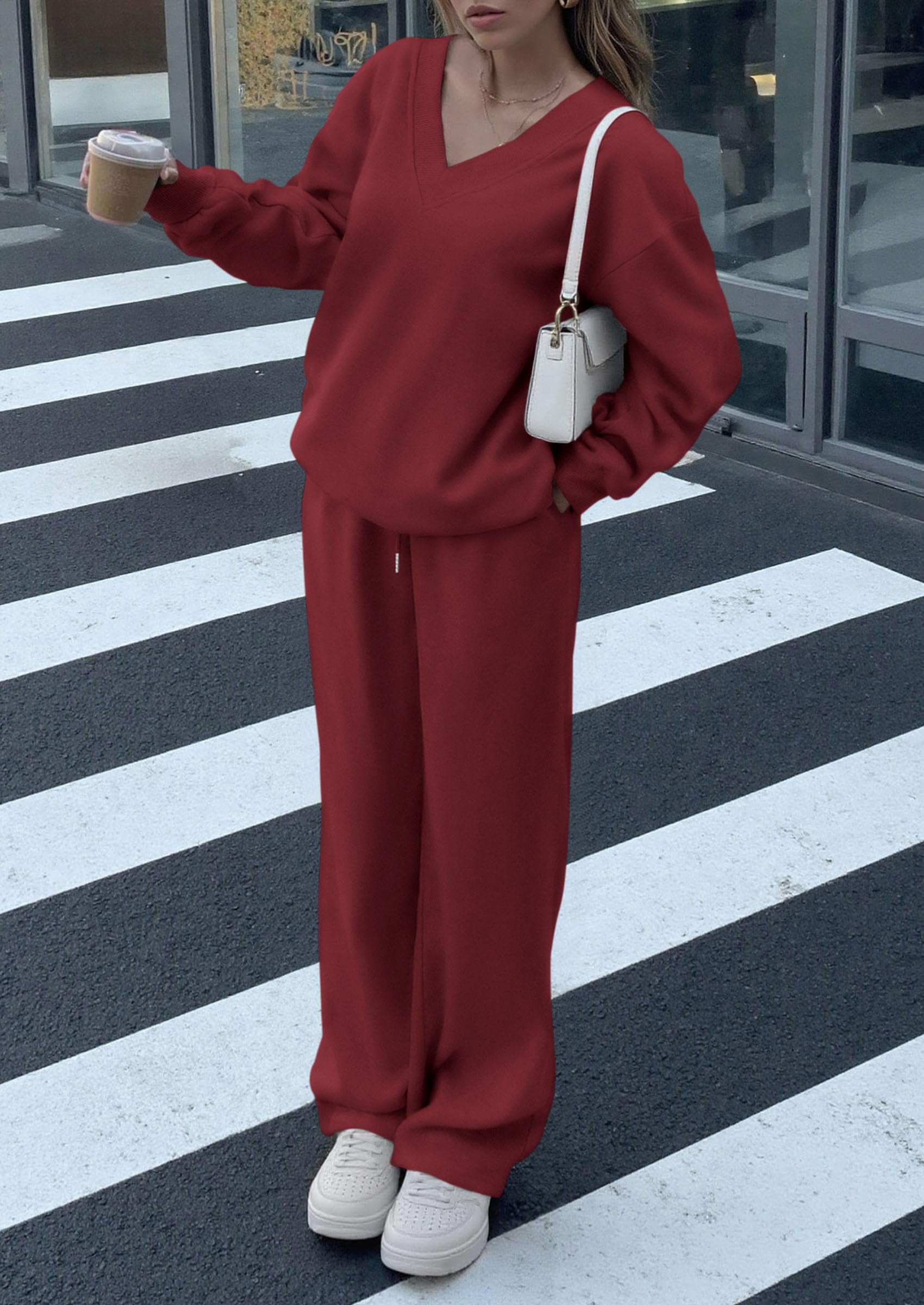 Casual Winter Two Piece Sets for Women V Neck Sweatshirt Loose Wide Leg Pants Tracksuit Knit Fall Outfits