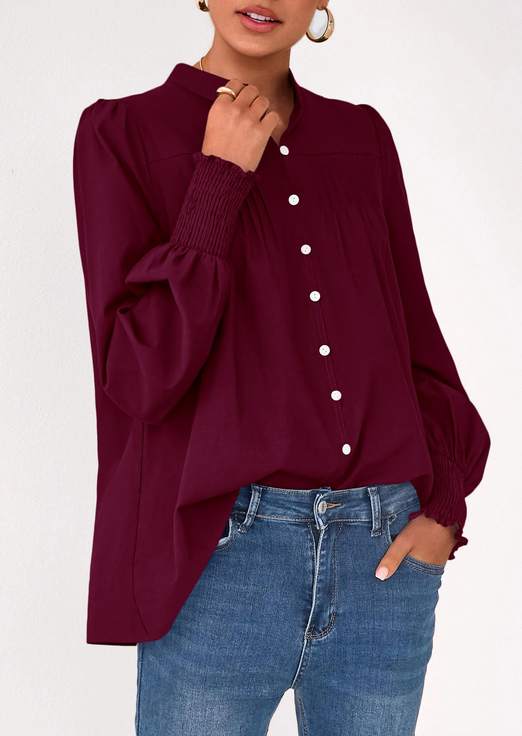 Womens Fall Lantern Long Sleeve Shirts Trendy Button V Neck Pleated Henley Tops Loose Work Blouses