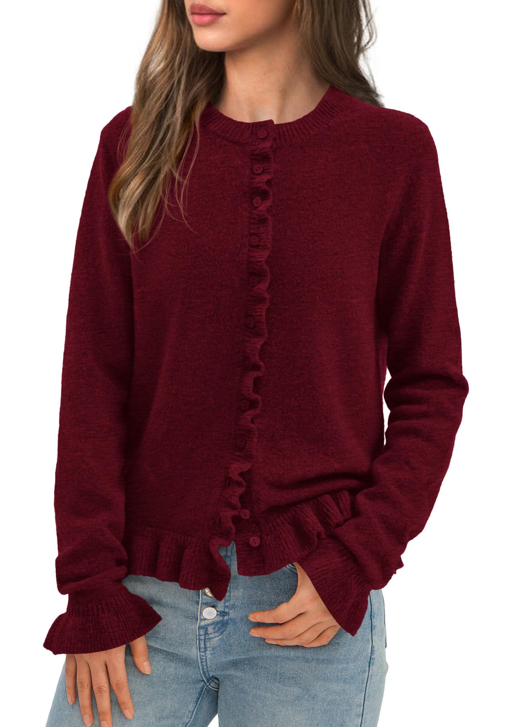 Womens Fall Button Down Cardigans Chunky Knit Ruffle Open Front Cropped Cardigan Sweaters Soft Long Sleeve Tops