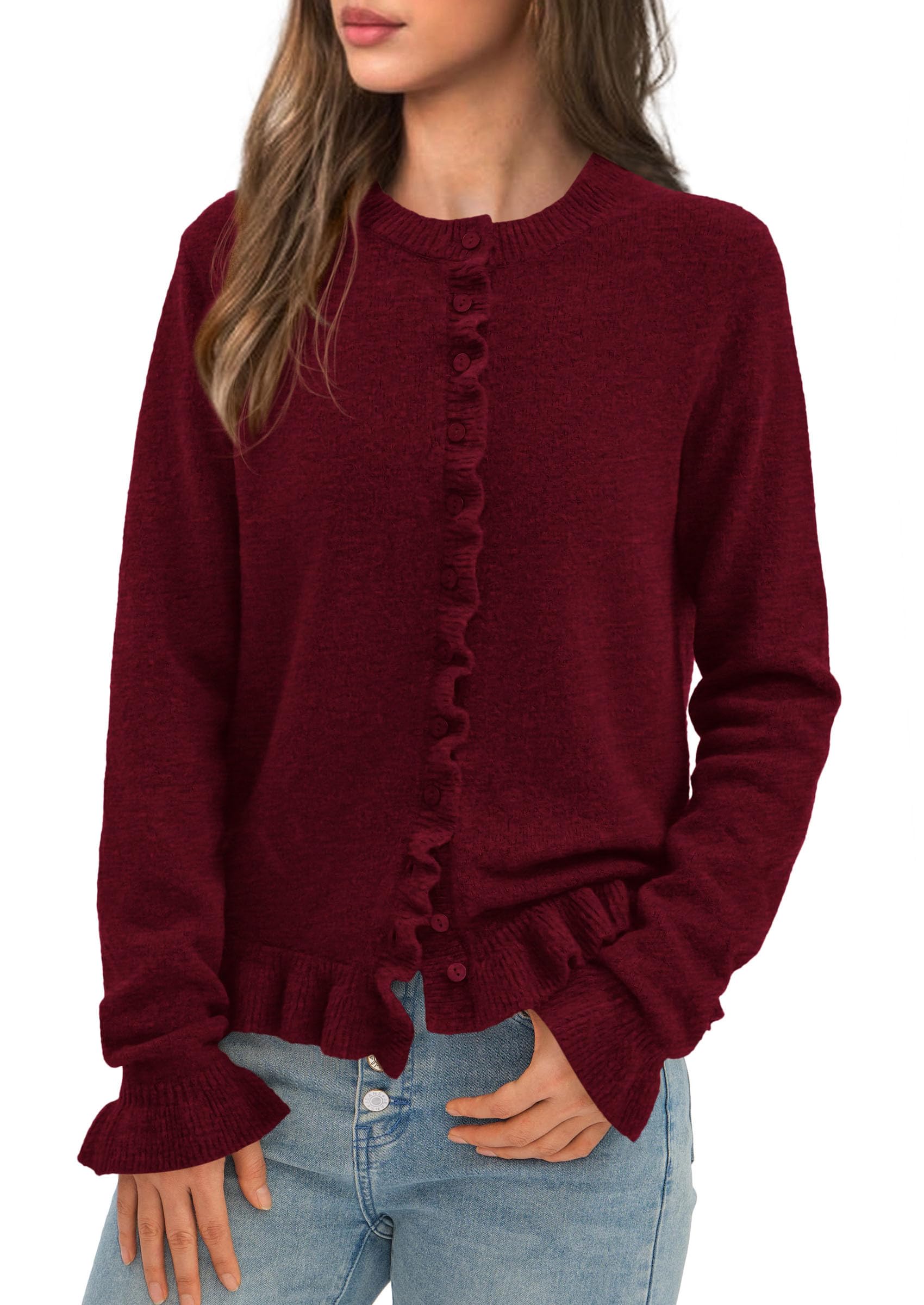 Womens Fall Button Down Cardigans Chunky Knit Ruffle Open Front Cropped Cardigan Sweaters Soft Long Sleeve Tops