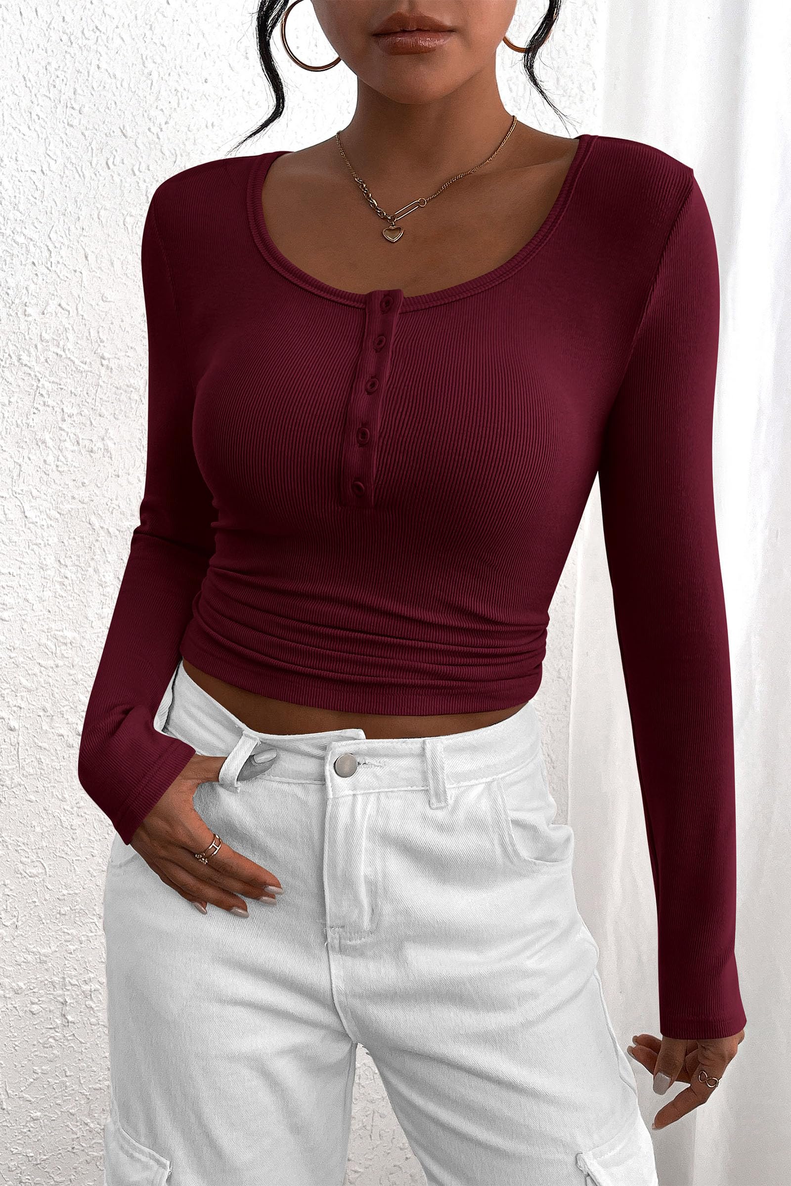 Women's Spring Fall Long Sleeve Henley T Shirts Button Ribbed Knit Slim Fit Casual Basic Tops Blouse