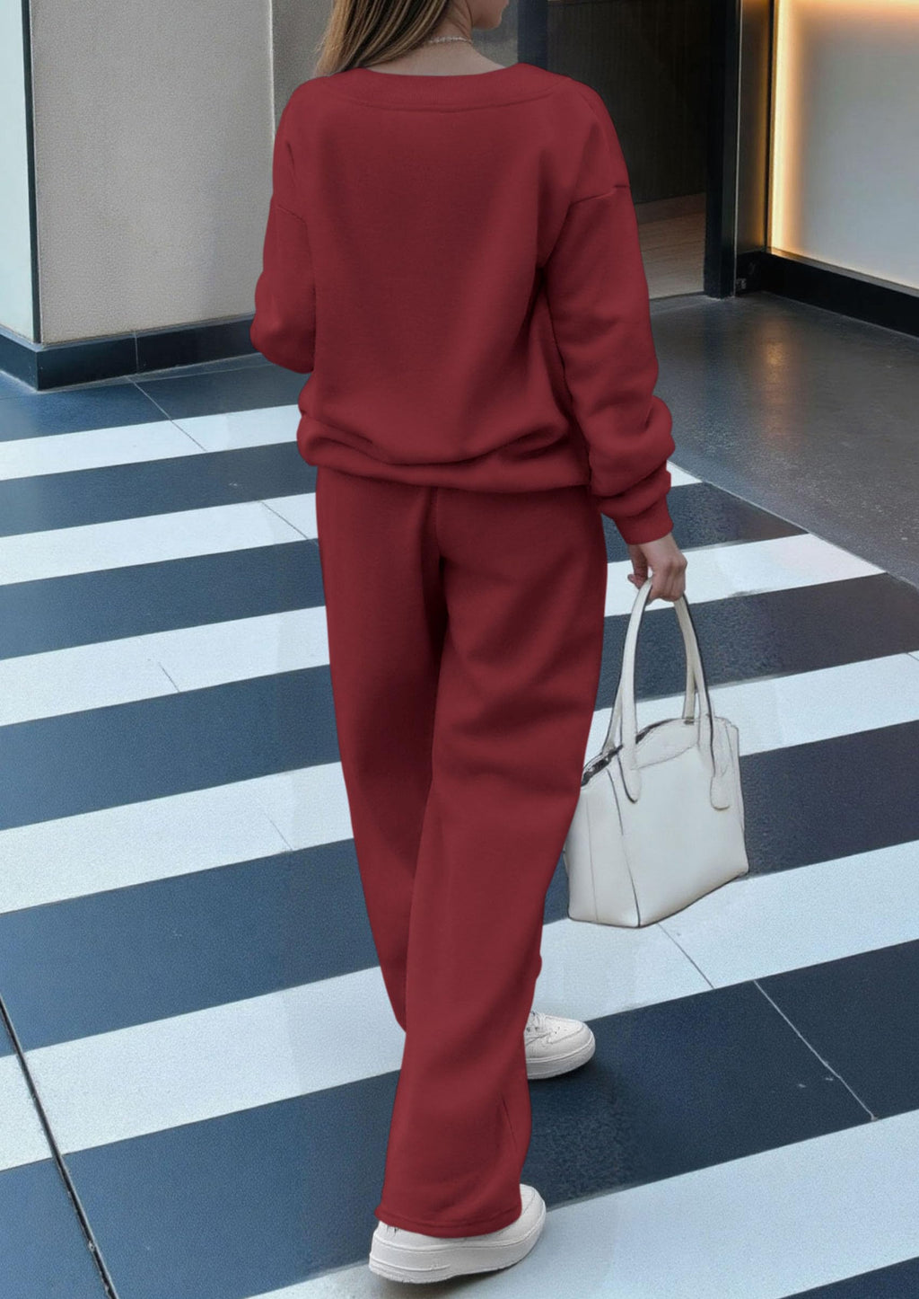 Casual Winter Two Piece Sets for Women V Neck Sweatshirt Loose Wide Leg Pants Tracksuit Knit Fall Outfits