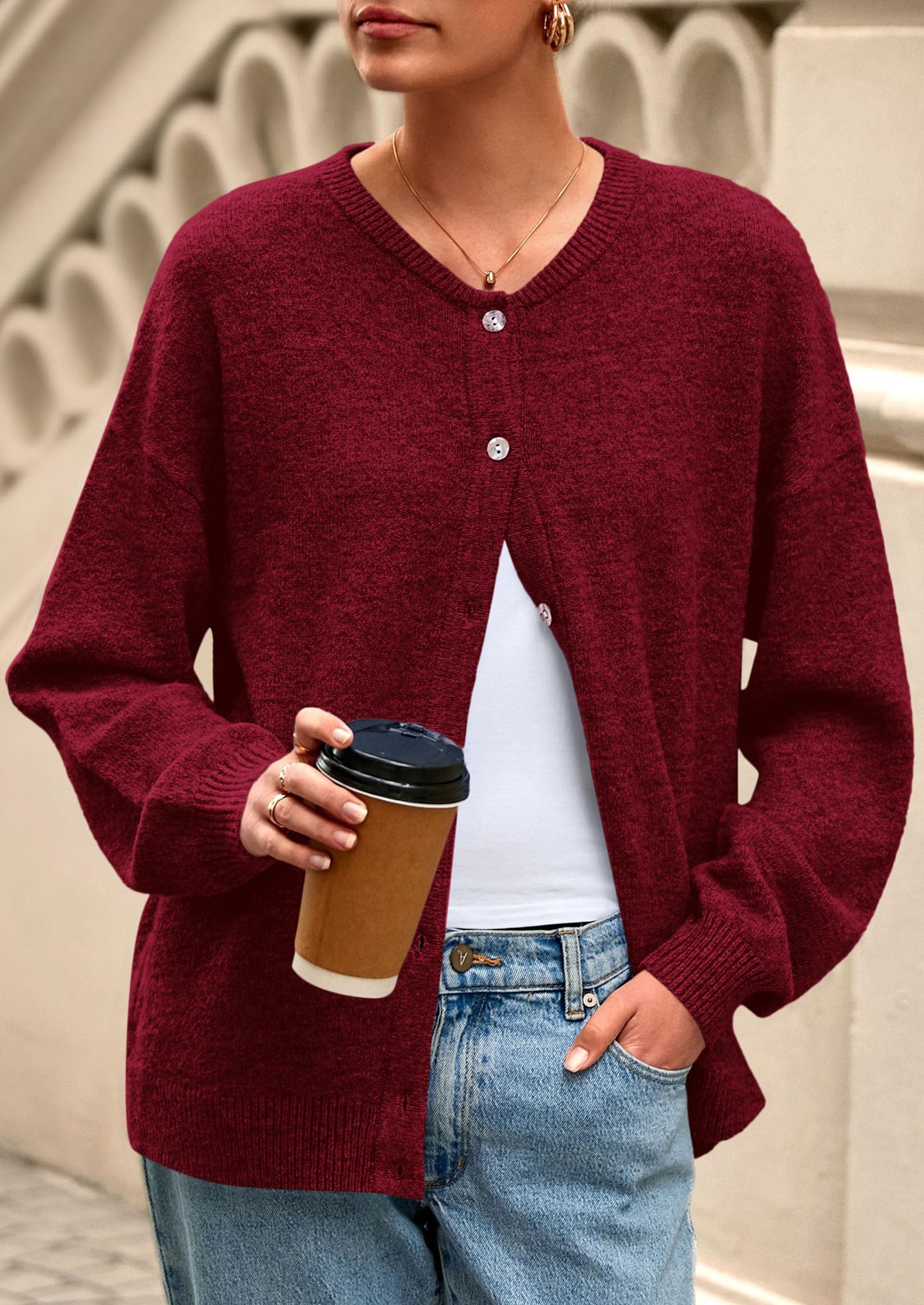 Fall Long Sleeve Cardigans for Women Trendy Open Front Winter Button Down Crewneck Soft Knit Sweater Jacket