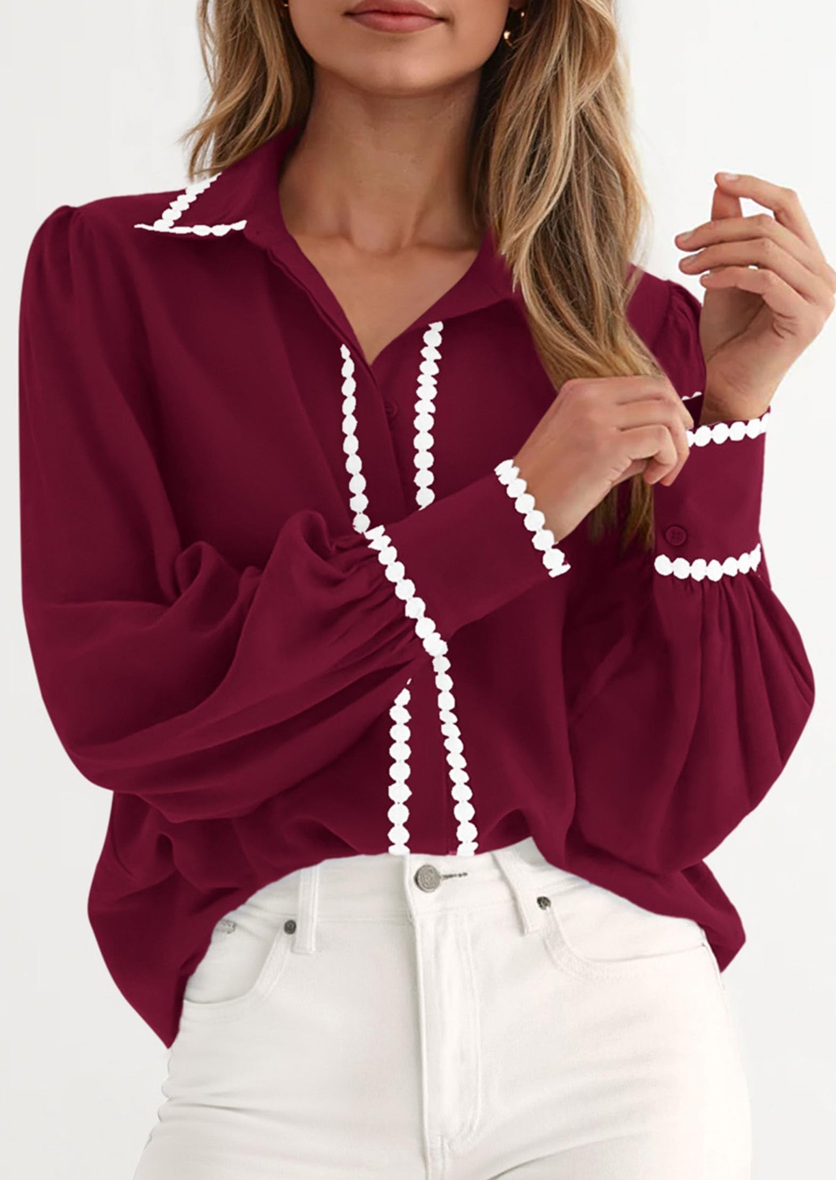 Womens Long Sleeve Button Down Shirts Trendy V Neck Loose Fit Fall Tops Collared Dressy Casual Blouses