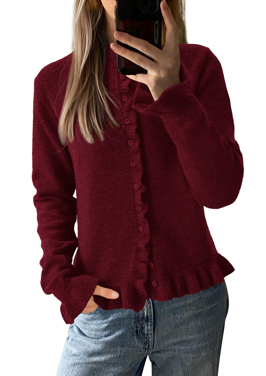 Womens Fall Button Down Cardigans Chunky Knit Ruffle Open Front Cropped Cardigan Sweaters Soft Long Sleeve Tops
