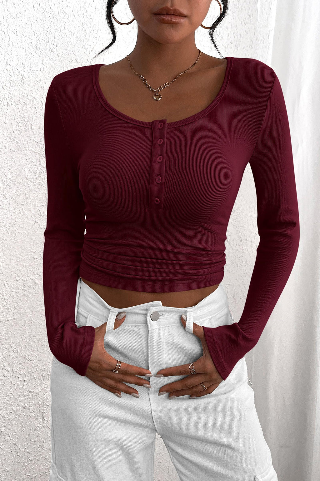 Women's Spring Fall Long Sleeve Henley T Shirts Button Ribbed Knit Slim Fit Casual Basic Tops Blouse