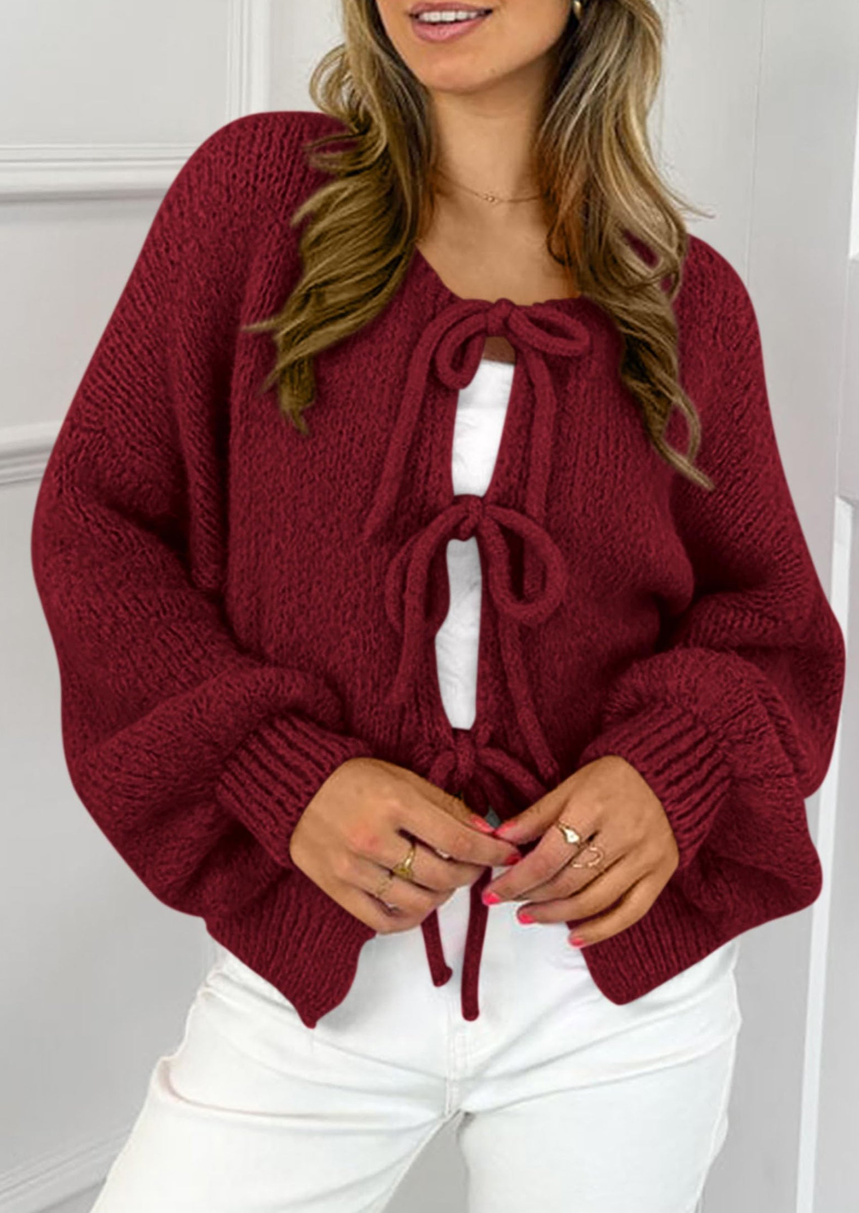 Women's Tie Front Bow Cardigan Sweaters Chunky Knit Long Puff Sleeve Trendy Fall Winter Jacket Coats