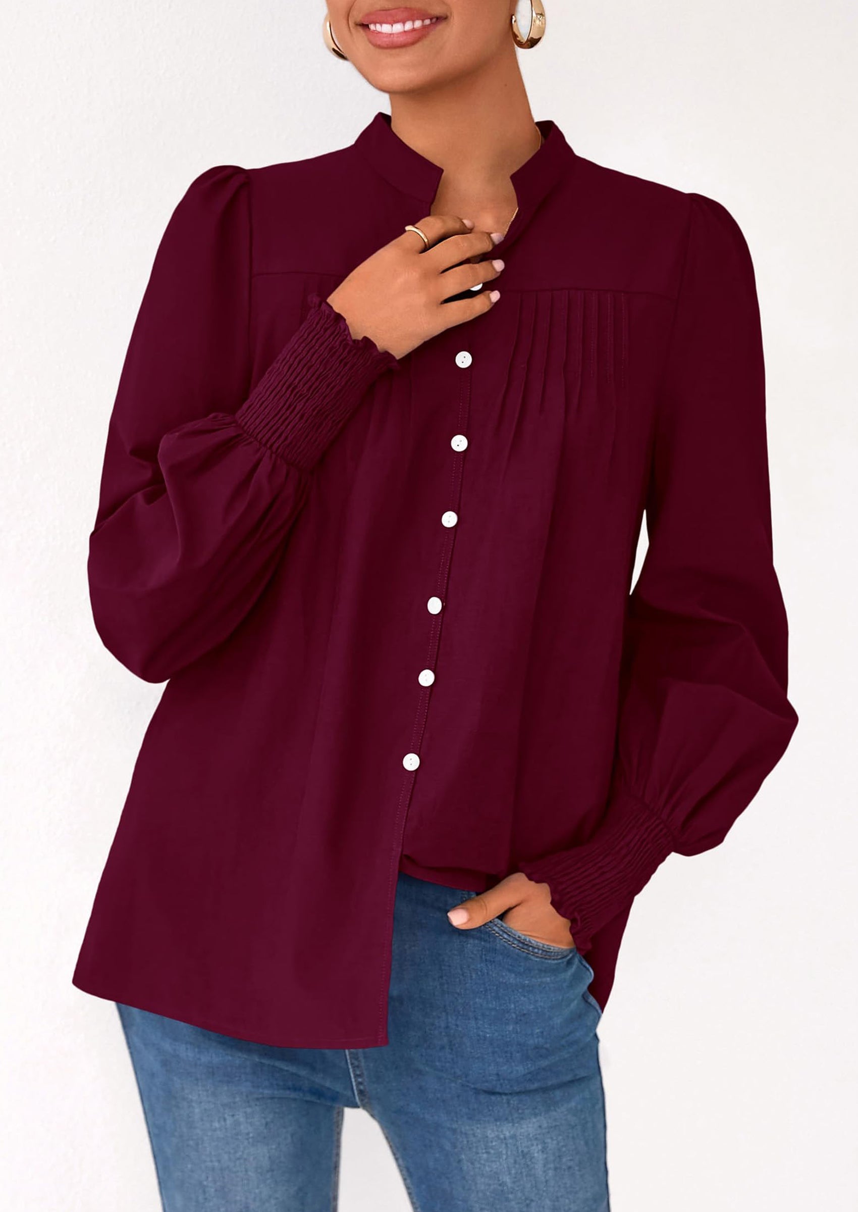 Womens Fall Lantern Long Sleeve Shirts Trendy Button V Neck Pleated Henley Tops Loose Work Blouses