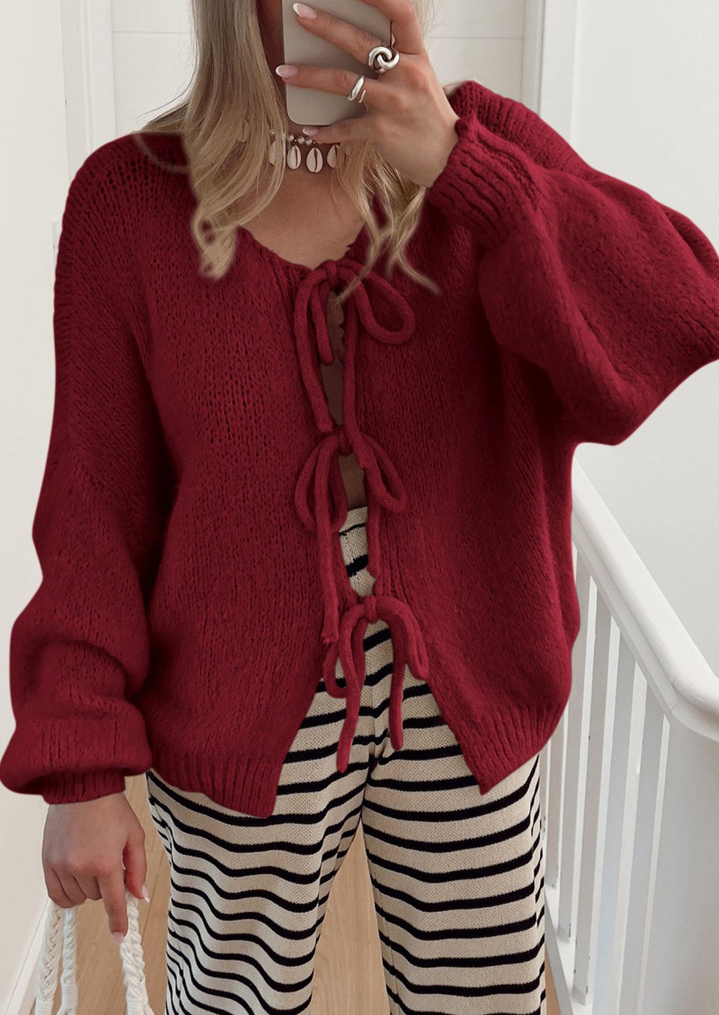 Women's Tie Front Bow Cardigan Sweaters Chunky Knit Long Puff Sleeve Trendy Fall Winter Jacket Coats