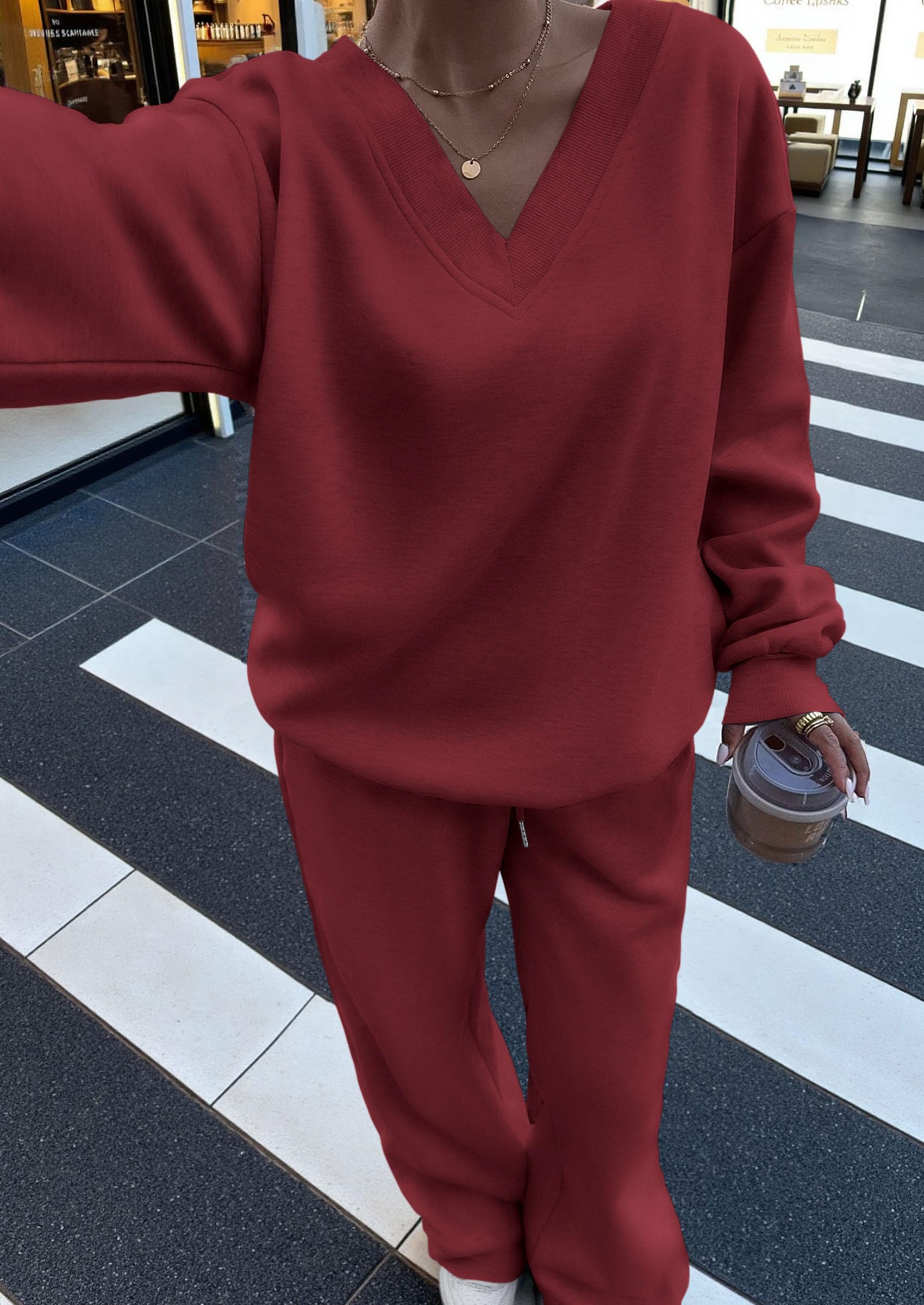 Casual Winter Two Piece Sets for Women V Neck Sweatshirt Loose Wide Leg Pants Tracksuit Knit Fall Outfits