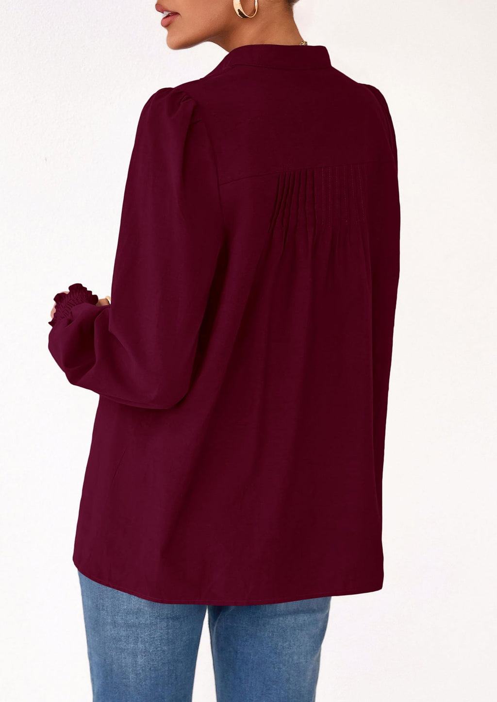 Womens Fall Lantern Long Sleeve Shirts Trendy Button V Neck Pleated Henley Tops Loose Work Blouses