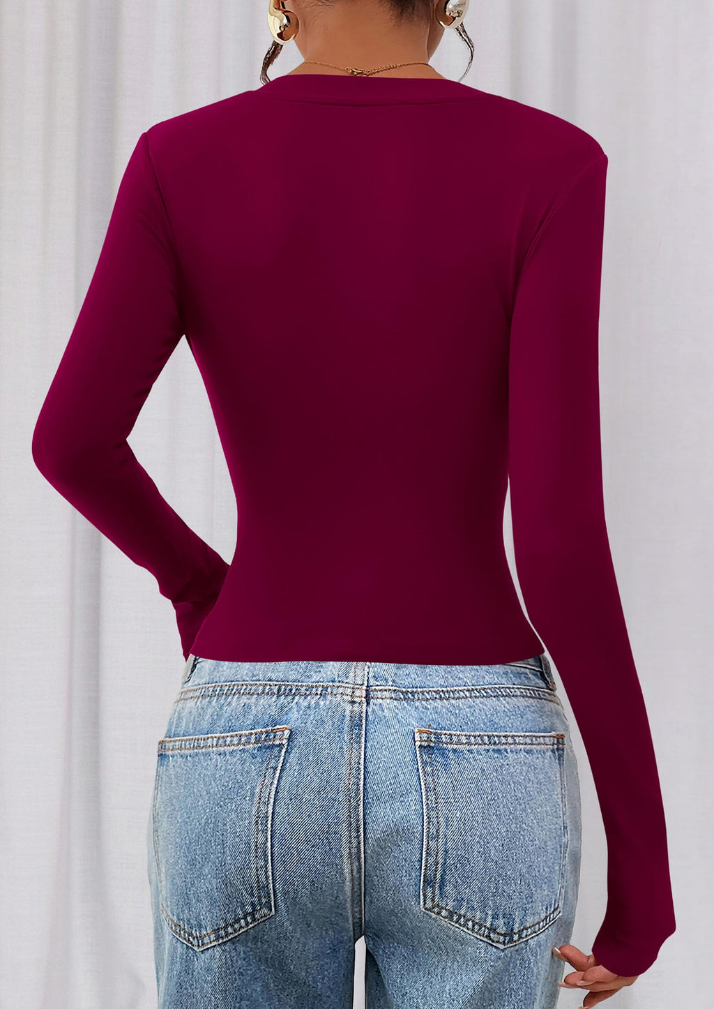 Womens Long Sleeve T Shirts Fall Trendy Deep V Neck Slim Fit Basic Crop Tops Casual Going Out Top