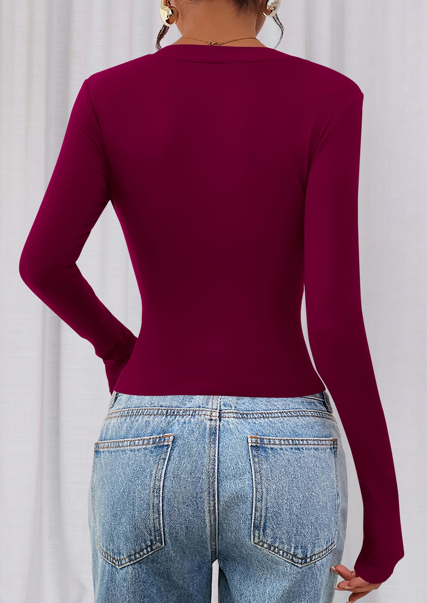 Womens Long Sleeve T Shirts Fall Trendy Deep V Neck Slim Fit Basic Crop Tops Casual Going Out Top