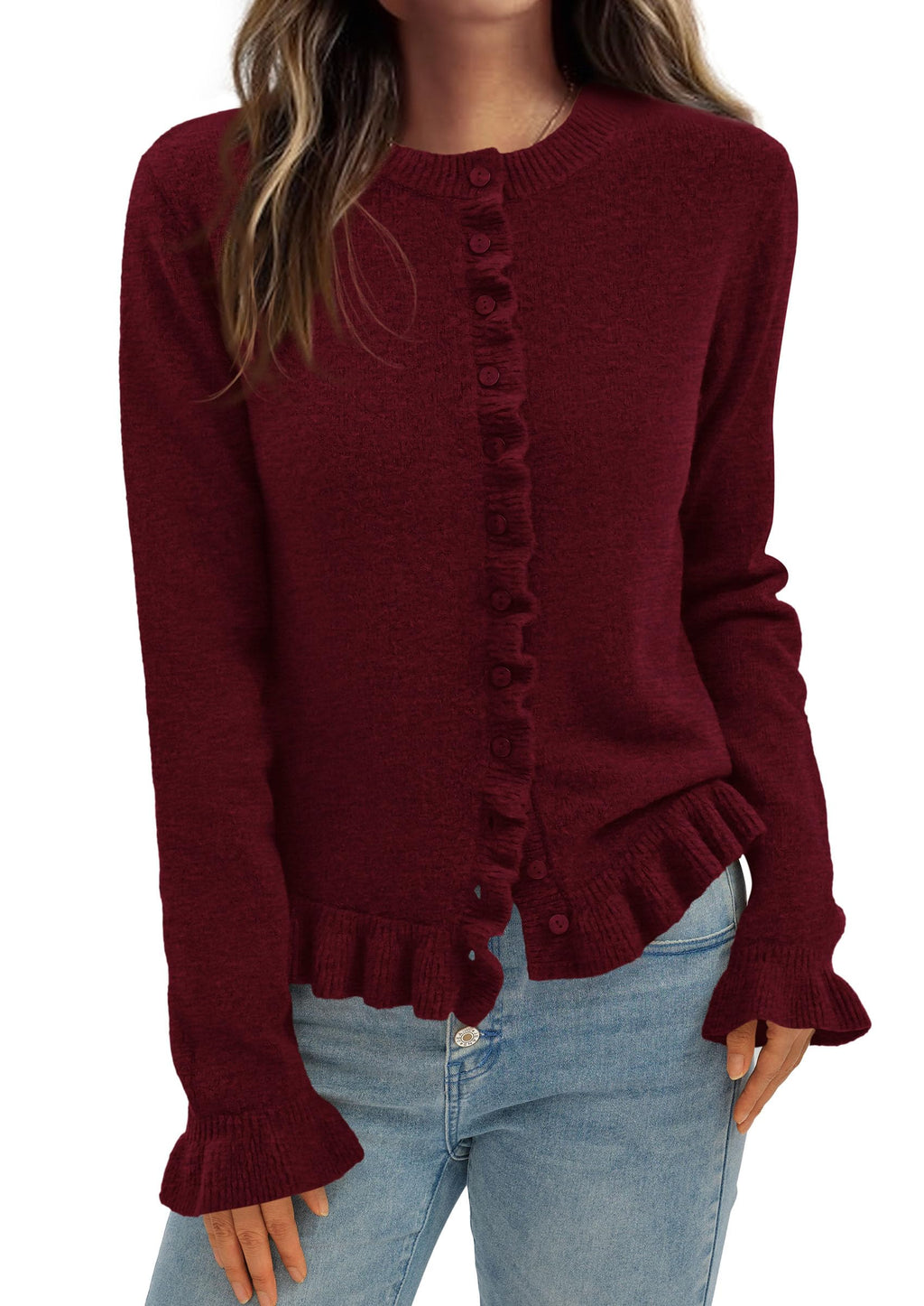 Womens Fall Button Down Cardigans Chunky Knit Ruffle Open Front Cropped Cardigan Sweaters Soft Long Sleeve Tops