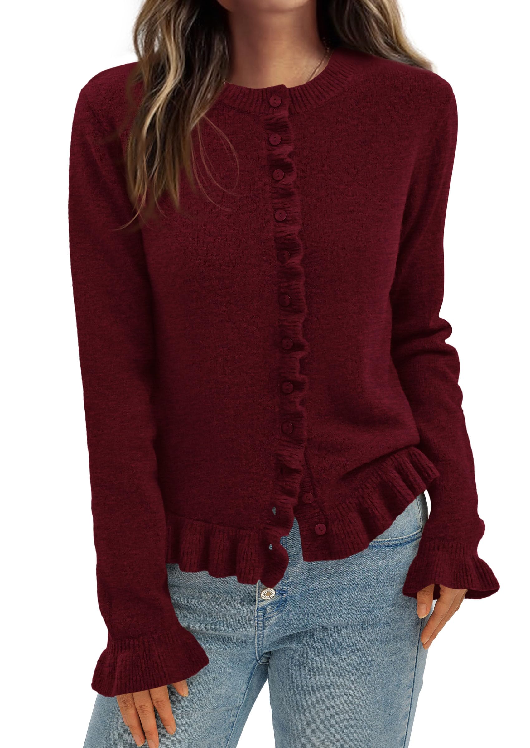 Womens Fall Button Down Cardigans Chunky Knit Ruffle Open Front Cropped Cardigan Sweaters Soft Long Sleeve Tops