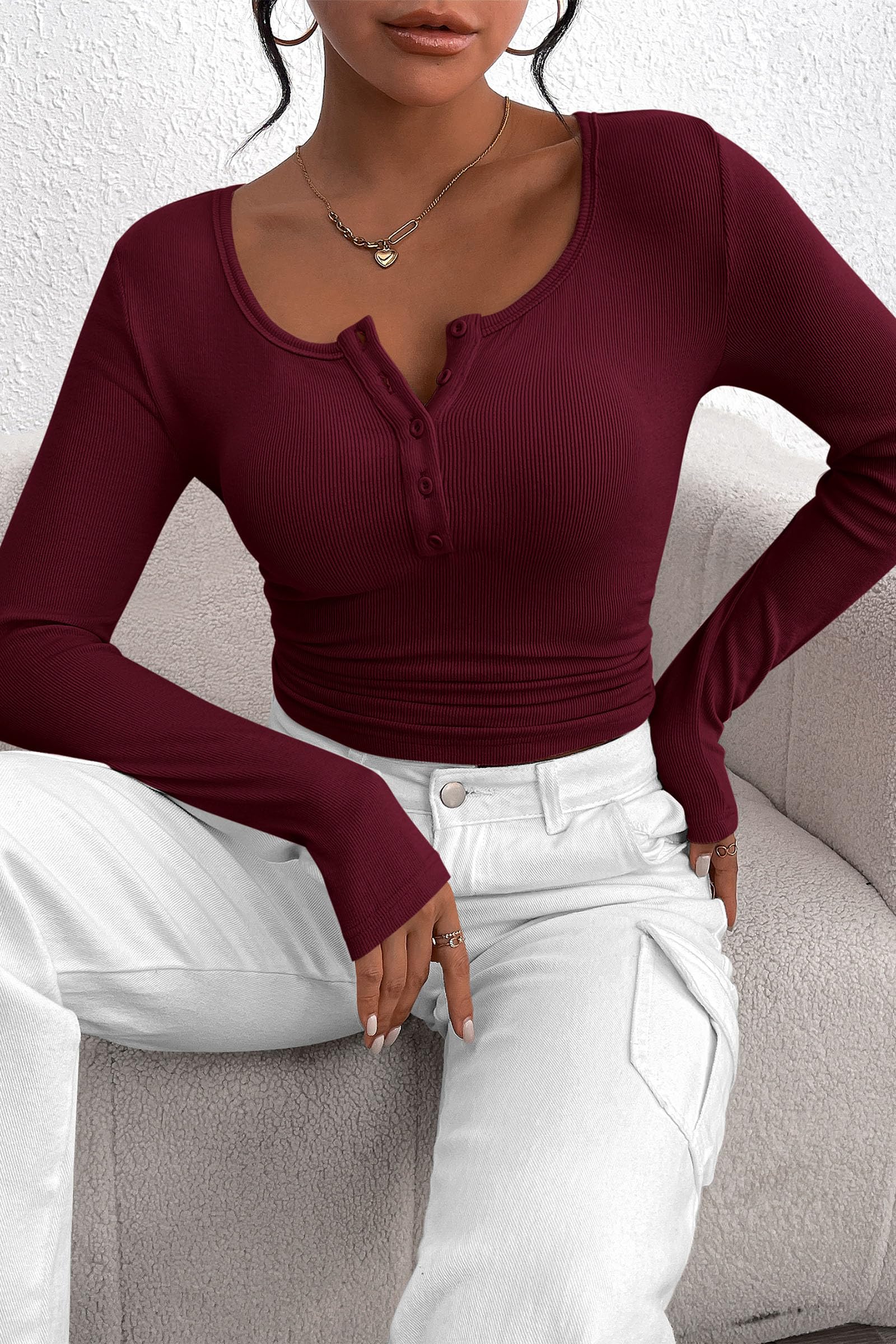 Women's Spring Fall Long Sleeve Henley T Shirts Button Ribbed Knit Slim Fit Casual Basic Tops Blouse