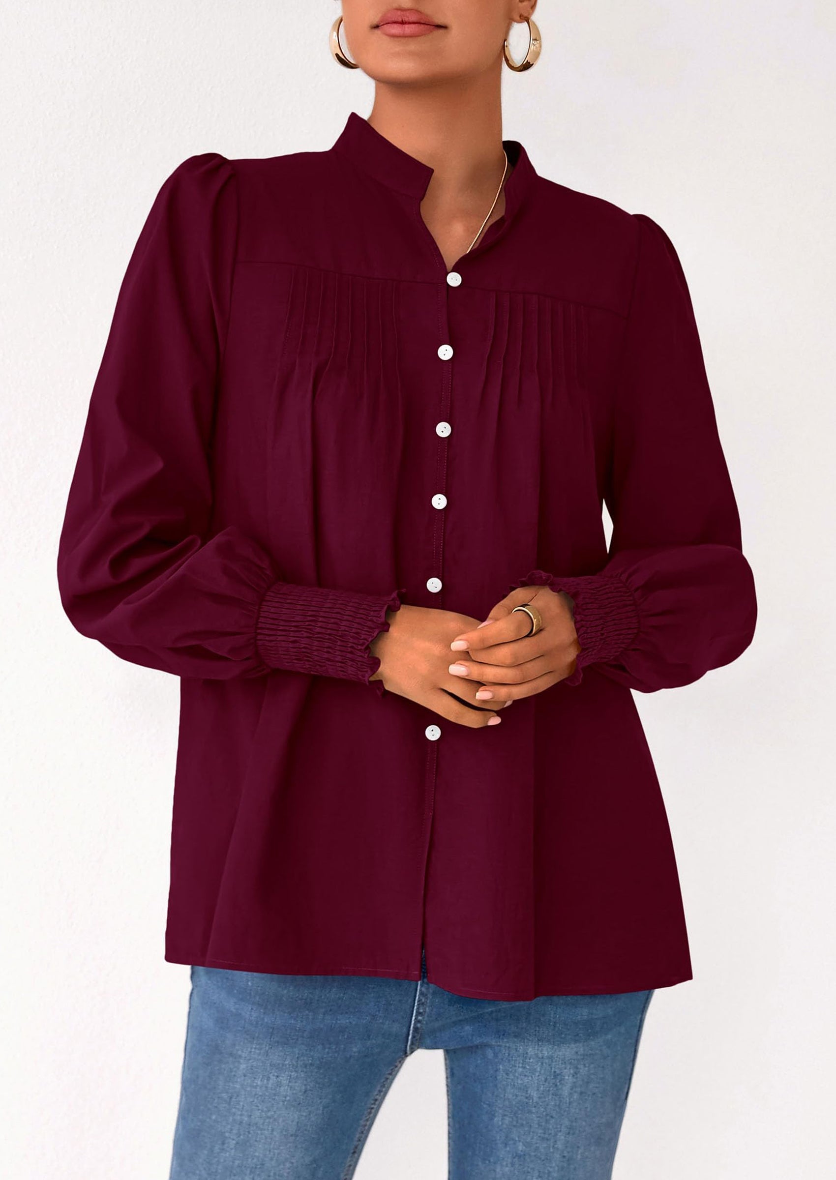 Womens Fall Lantern Long Sleeve Shirts Trendy Button V Neck Pleated Henley Tops Loose Work Blouses