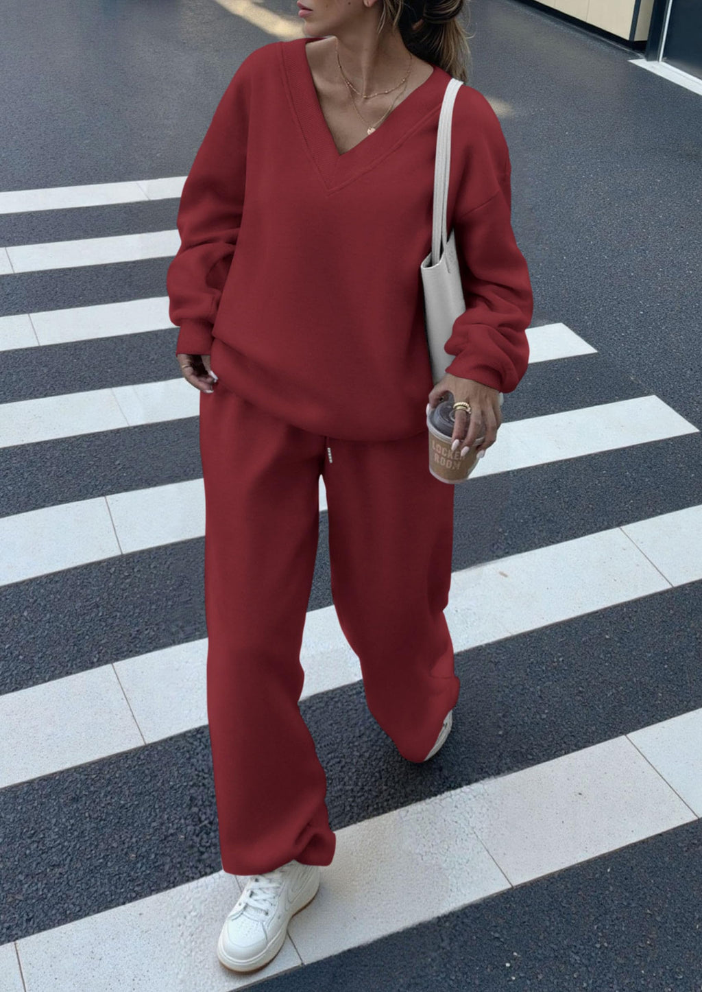 Casual Winter Two Piece Sets for Women V Neck Sweatshirt Loose Wide Leg Pants Tracksuit Knit Fall Outfits