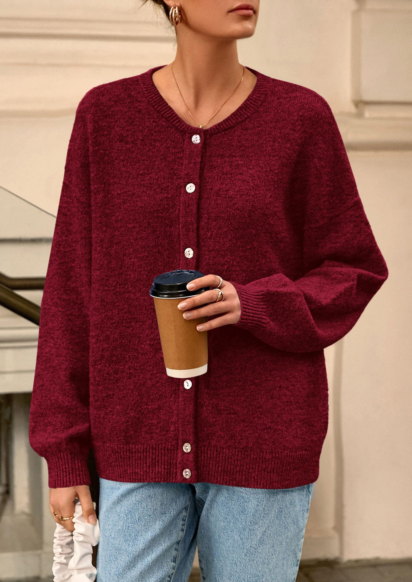 Fall Long Sleeve Cardigans for Women Trendy Open Front Winter Button Down Crewneck Soft Knit Sweater Jacket