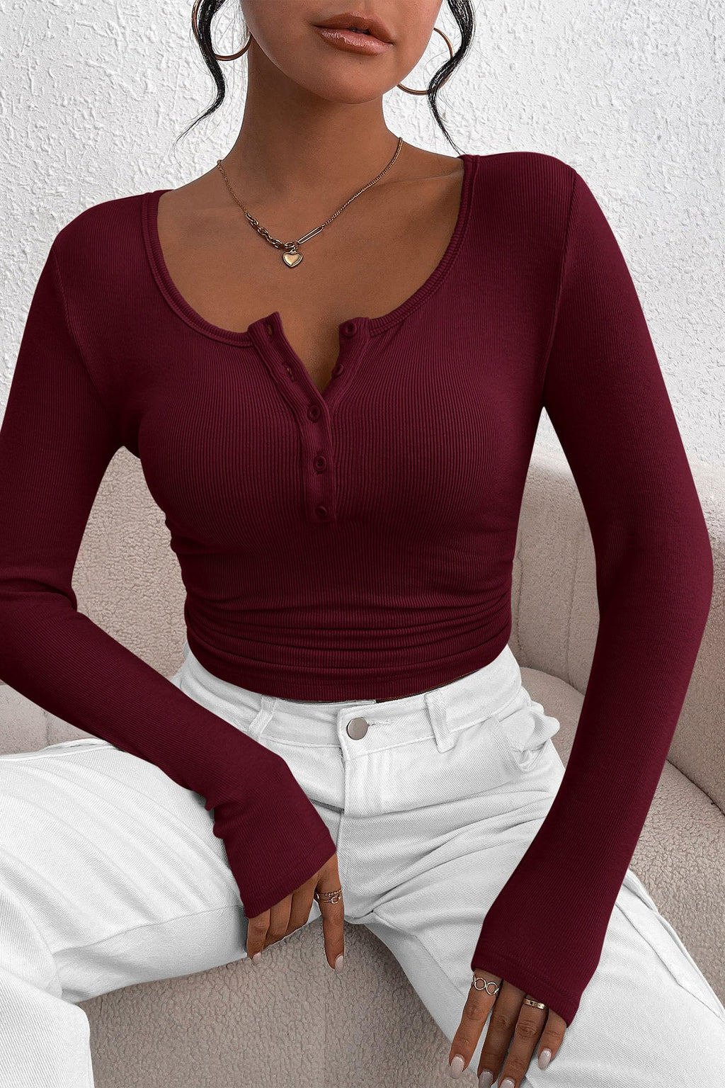 Women's Spring Fall Long Sleeve Henley T Shirts Button Ribbed Knit Slim Fit Casual Basic Tops Blouse