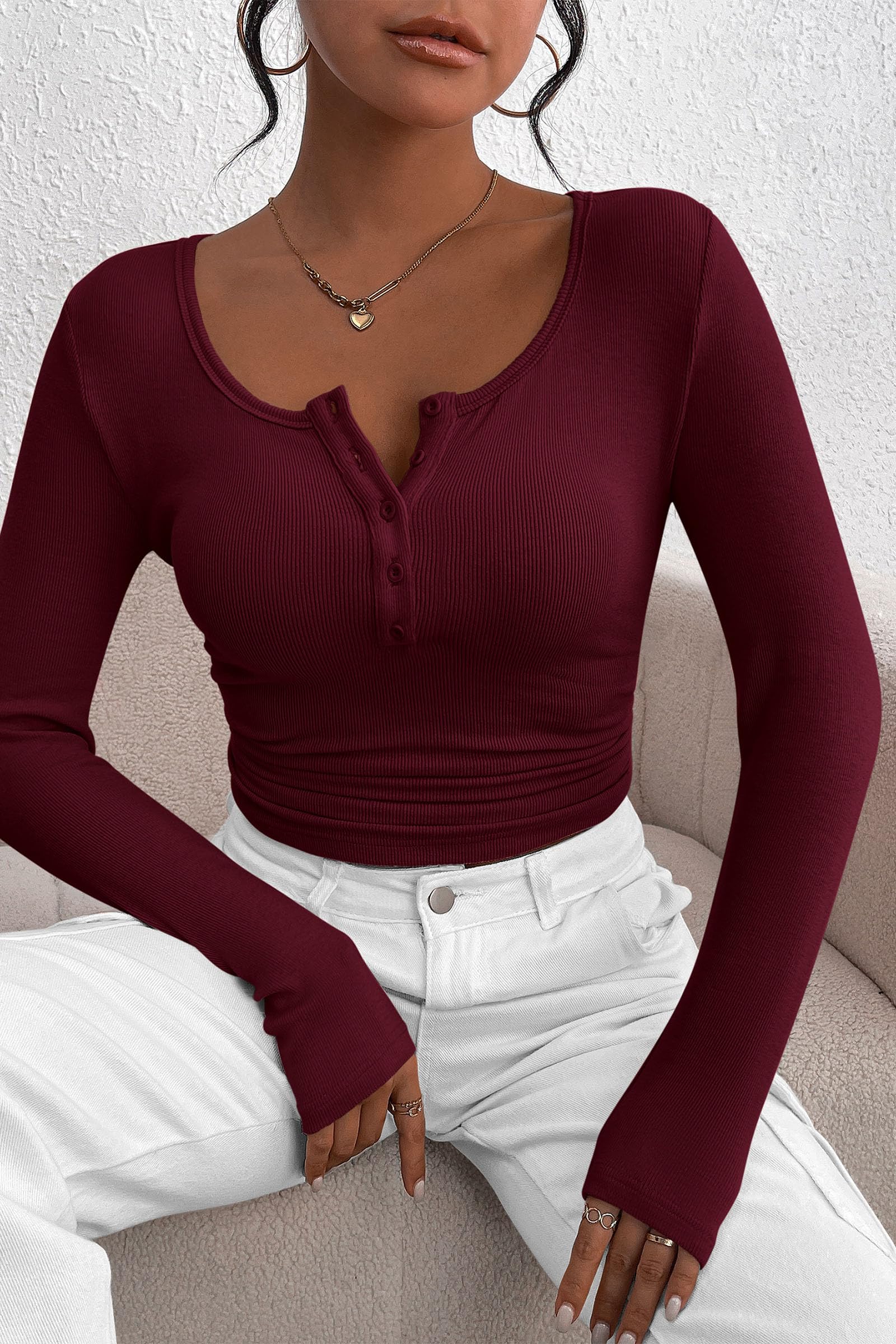 Women's Spring Fall Long Sleeve Henley T Shirts Button Ribbed Knit Slim Fit Casual Basic Tops Blouse