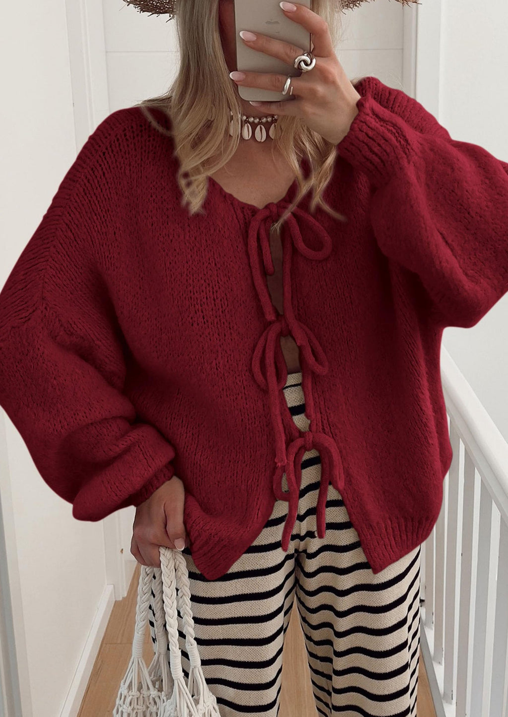 Women's Tie Front Bow Cardigan Sweaters Chunky Knit Long Puff Sleeve Trendy Fall Winter Jacket Coats