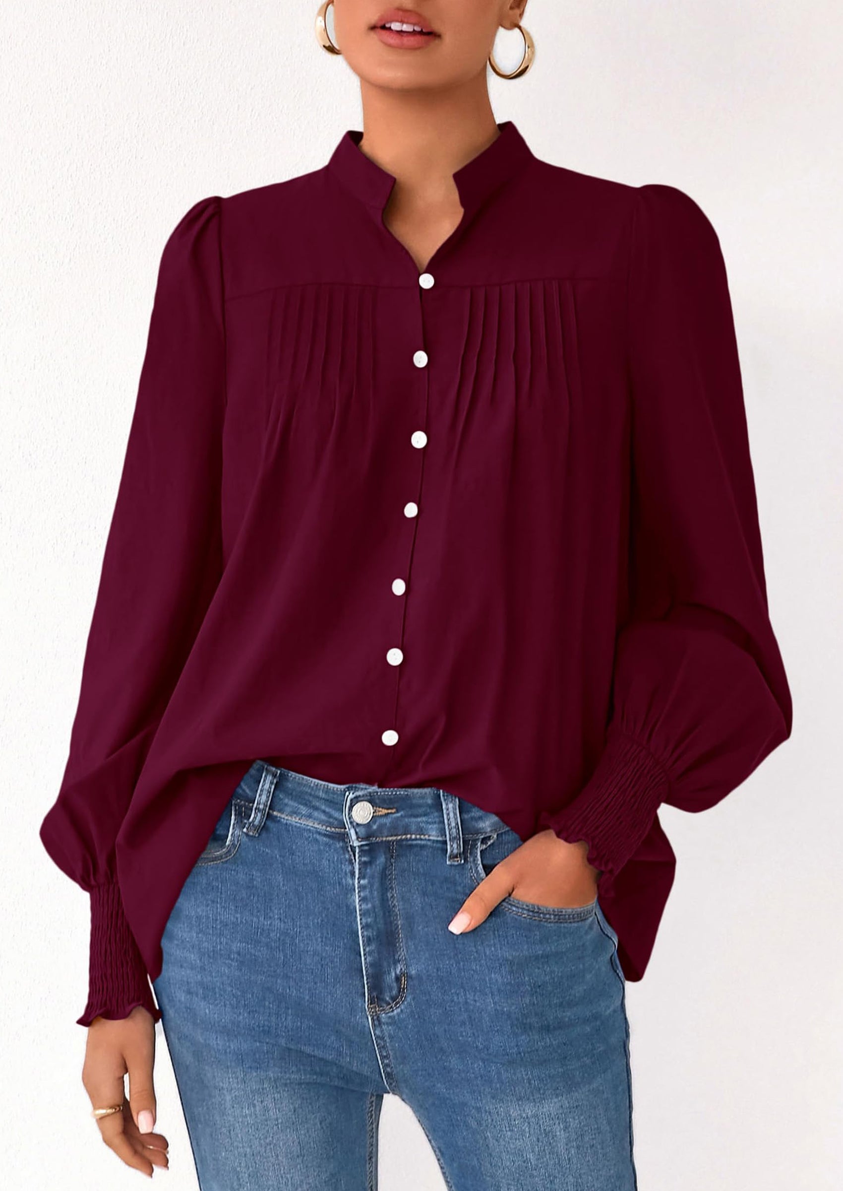 Womens Fall Lantern Long Sleeve Shirts Trendy Button V Neck Pleated Henley Tops Loose Work Blouses