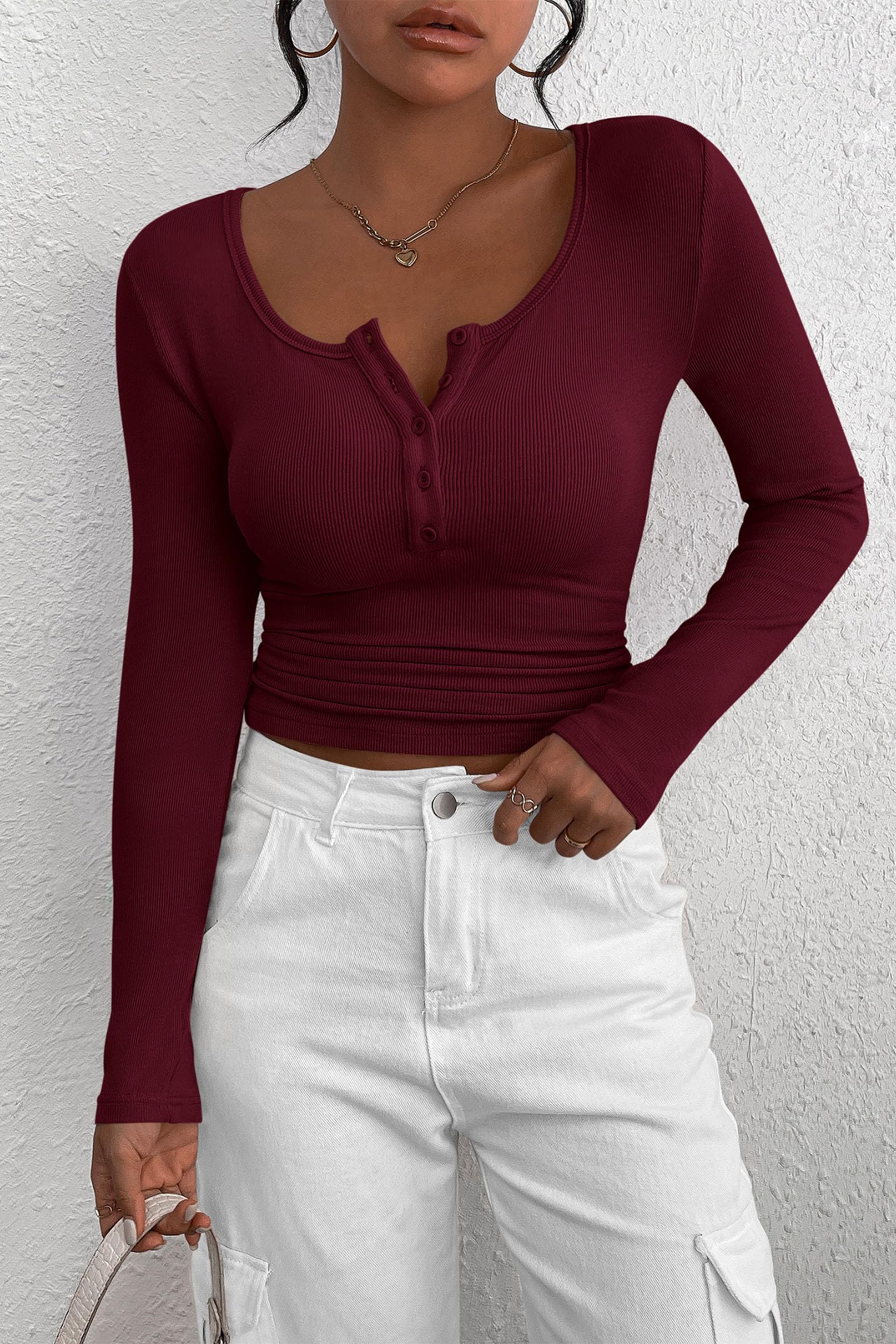 Women's Spring Fall Long Sleeve Henley T Shirts Button Ribbed Knit Slim Fit Casual Basic Tops Blouse