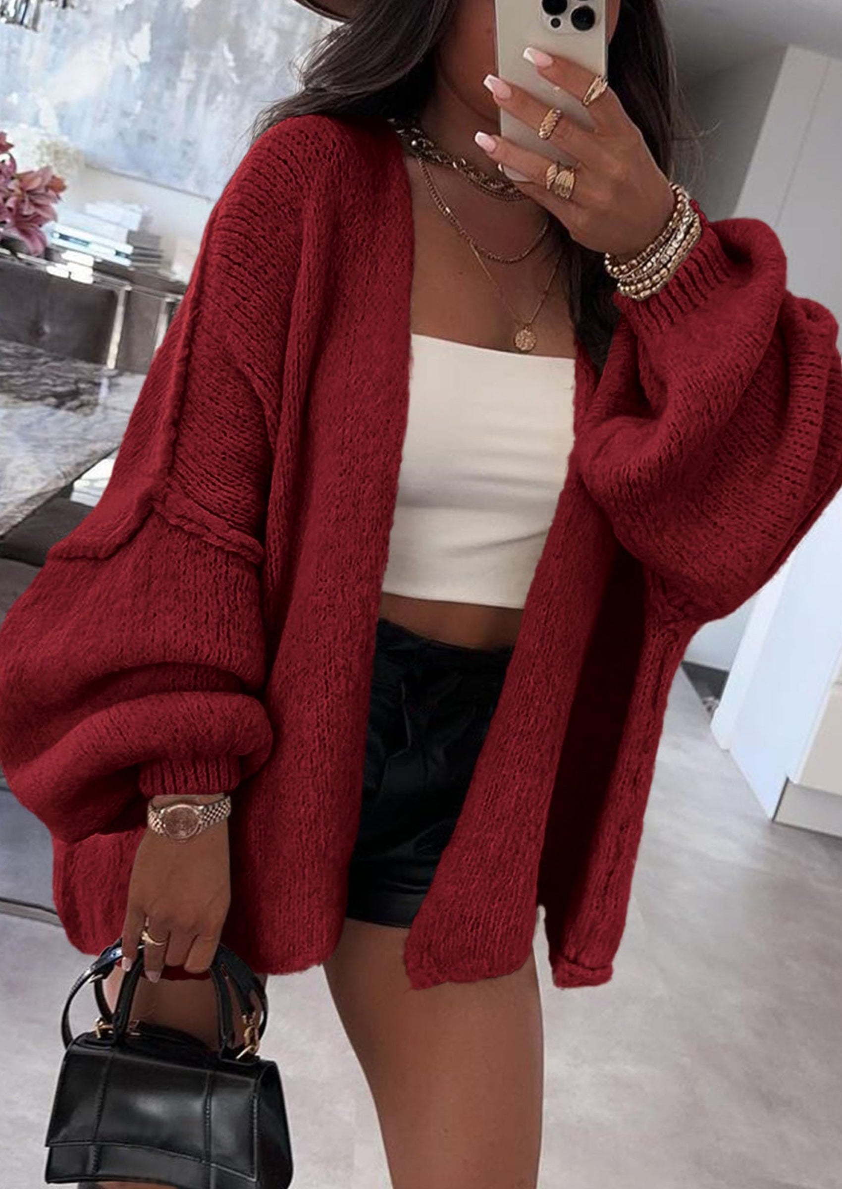 Womens Oversized Cardigan Sweaters Fall Long Lantern Sleeve Knit Open Front Lightweight Sweater
