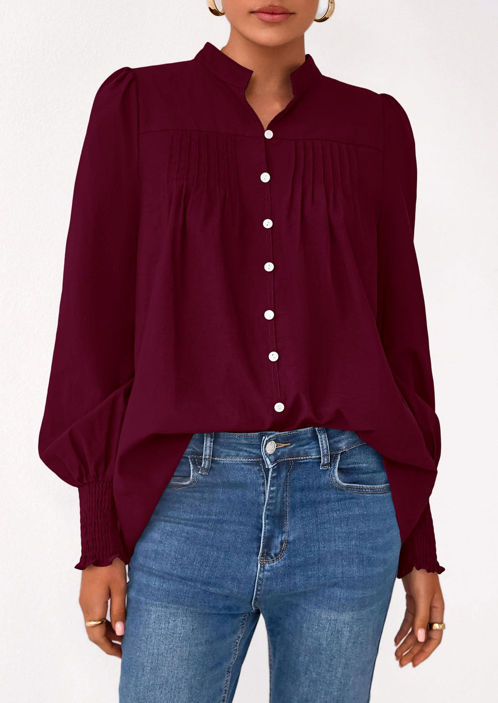 Womens Fall Lantern Long Sleeve Shirts Trendy Button V Neck Pleated Henley Tops Loose Work Blouses