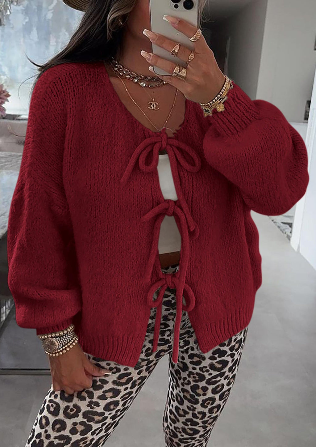 Women's Tie Front Bow Cardigan Sweaters Chunky Knit Long Puff Sleeve Trendy Fall Winter Jacket Coats