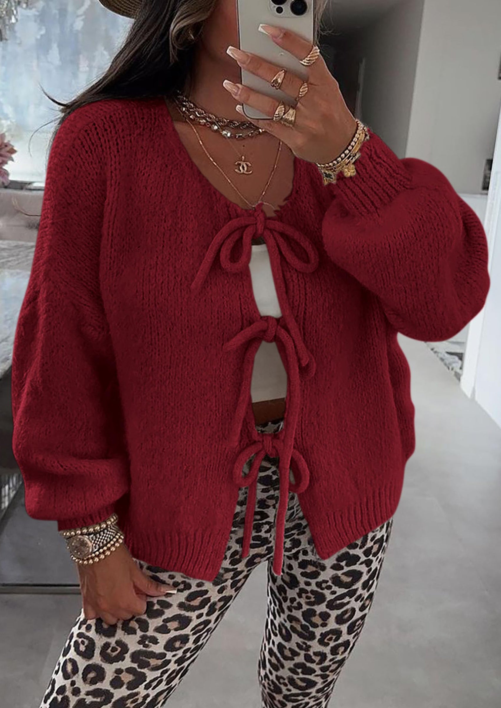 Women's Tie Front Bow Cardigan Sweaters Chunky Knit Long Puff Sleeve Trendy Fall Winter Jacket Coats