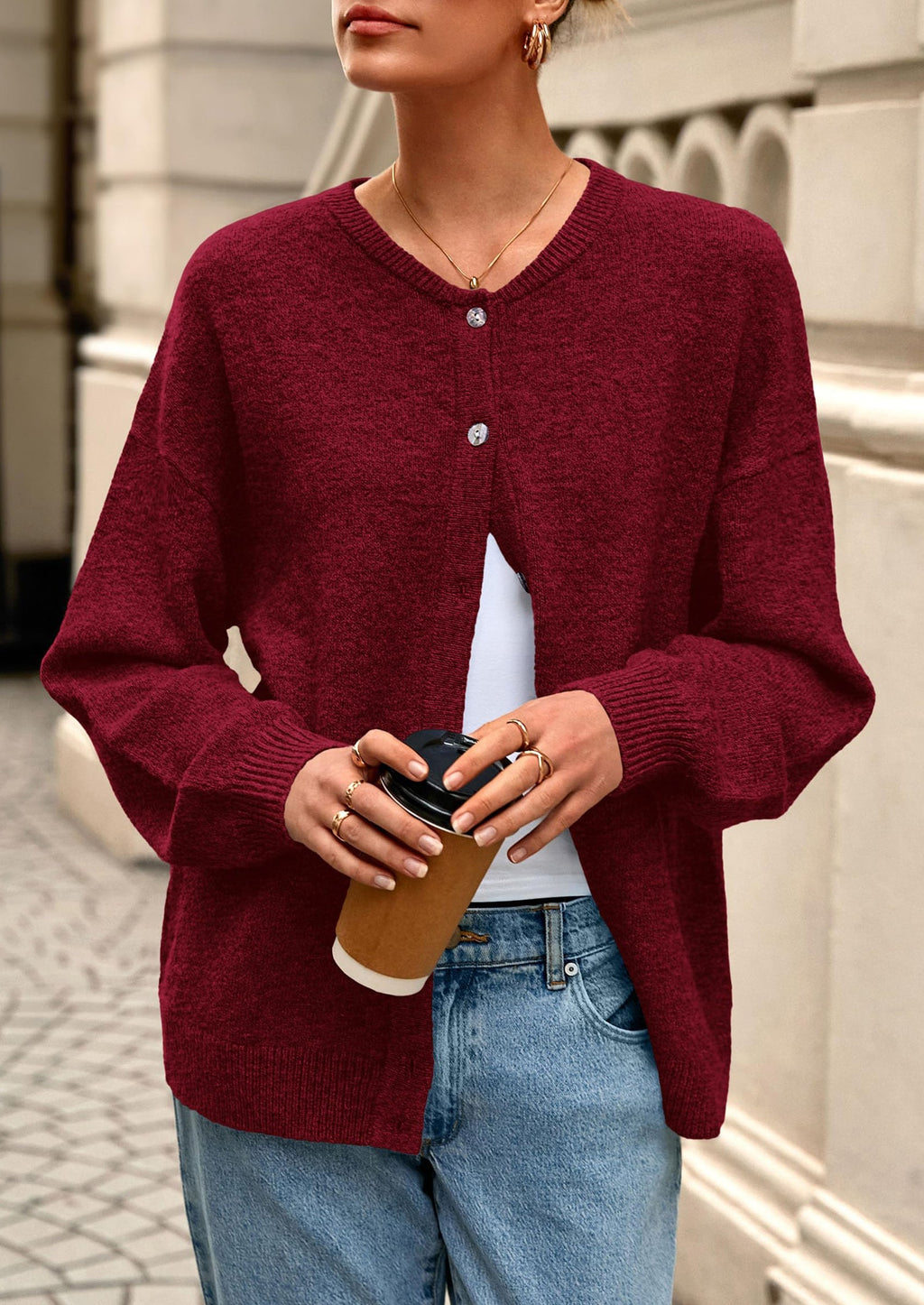 Fall Long Sleeve Cardigans for Women Trendy Open Front Winter Button Down Crewneck Soft Knit Sweater Jacket