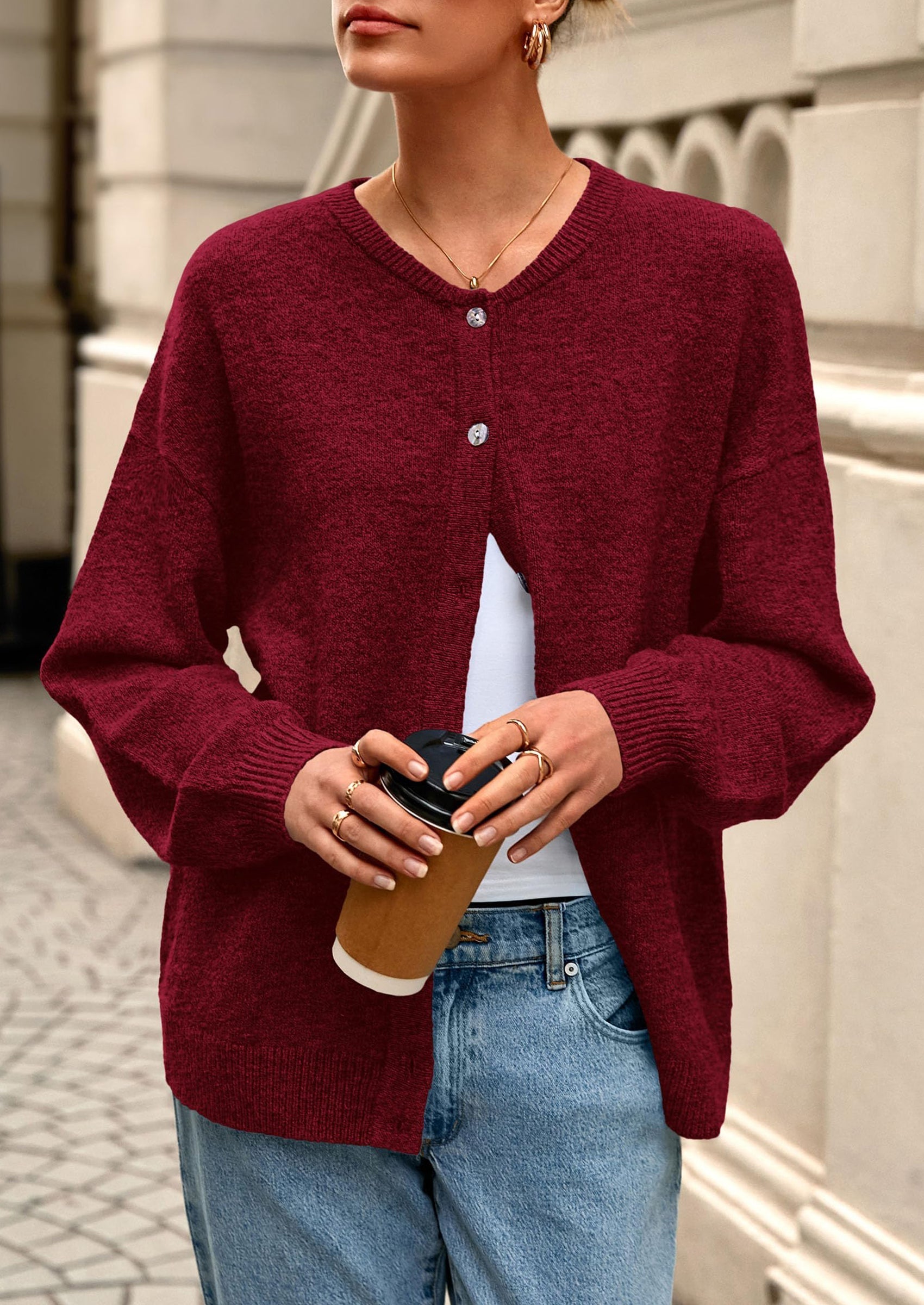 Fall Long Sleeve Cardigans for Women Trendy Open Front Winter Button Down Crewneck Soft Knit Sweater Jacket