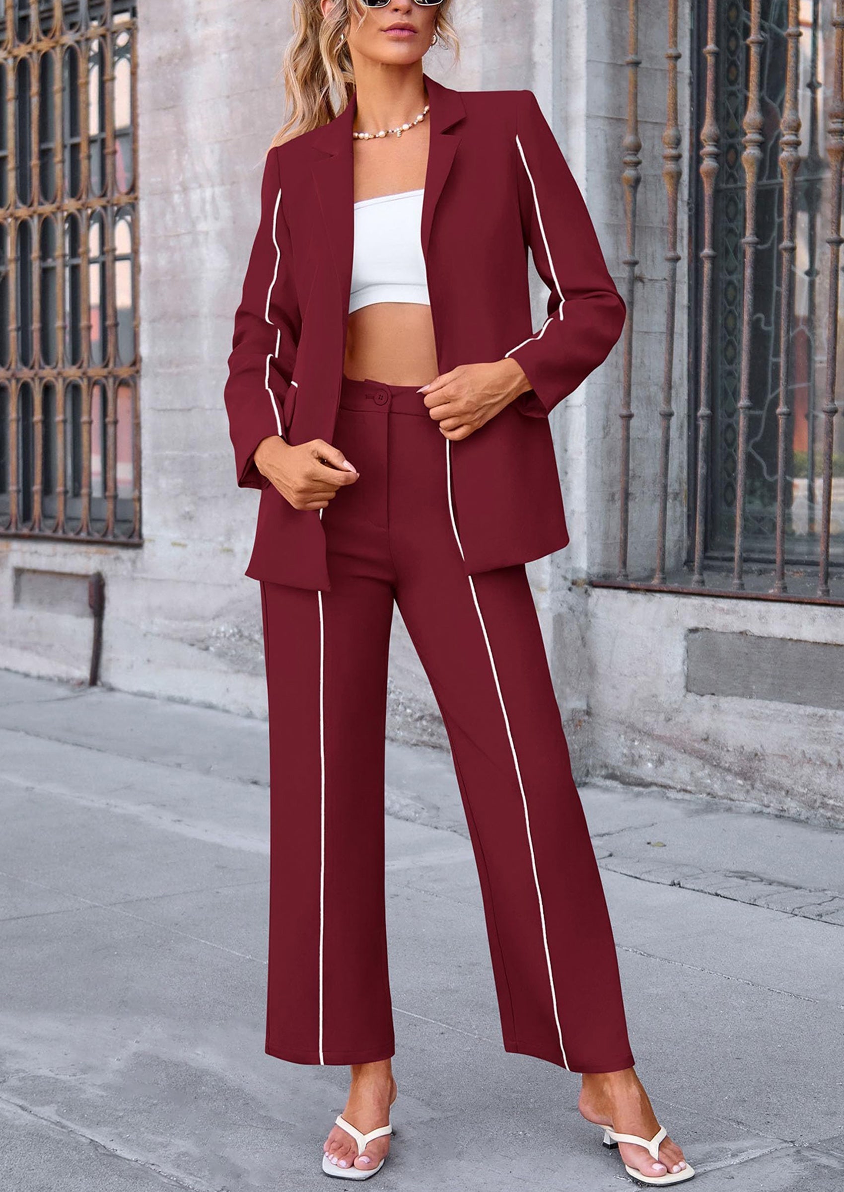 2 Piece Blazer Outfits Business Casual Oversized Jacket Wide Leg Work Pants Dressy Suit Set