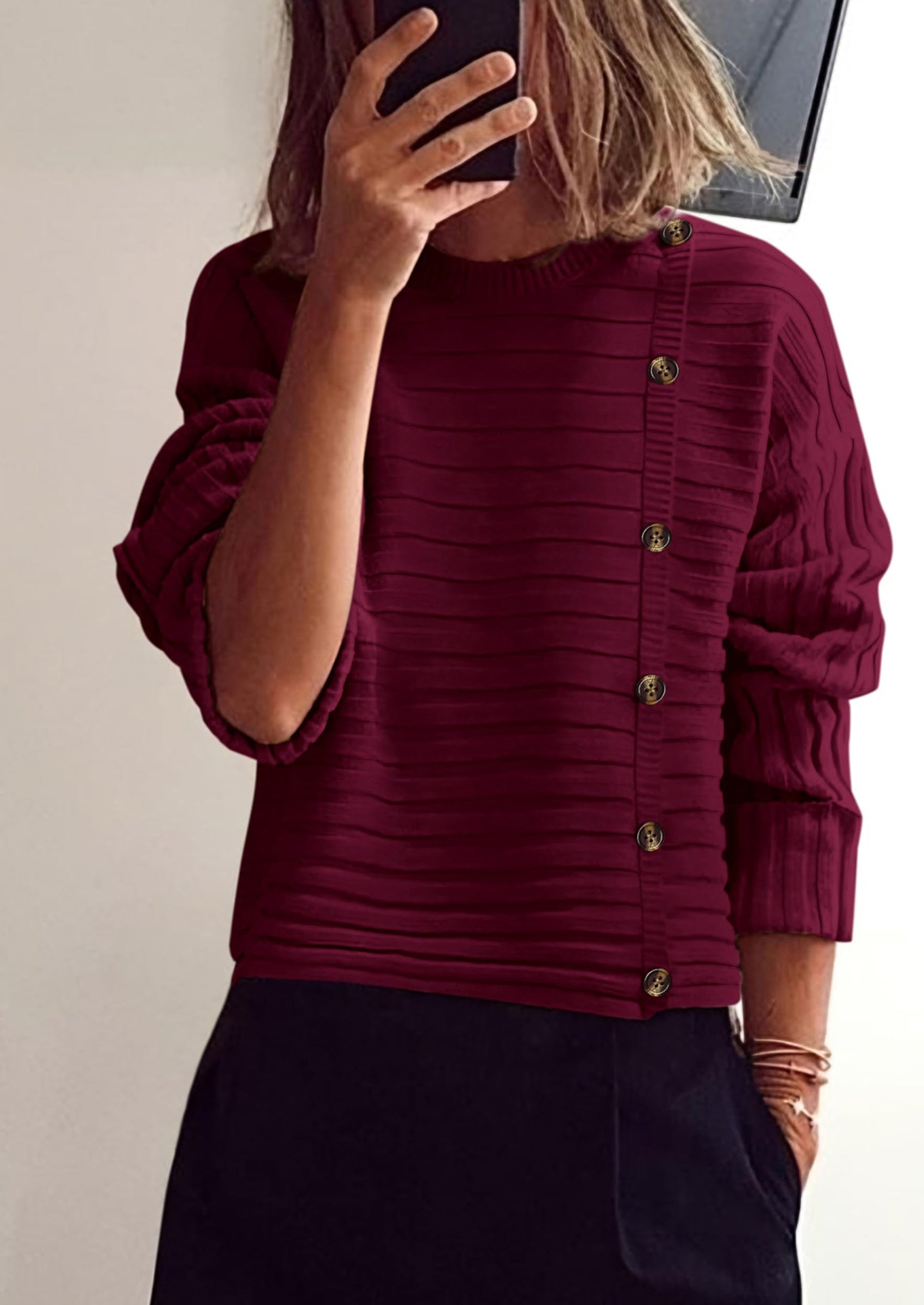 Womens Sweaters Fall Casual Long Sleeve Crewneck Button Loose Winter Knit Pullover Sweater Tops